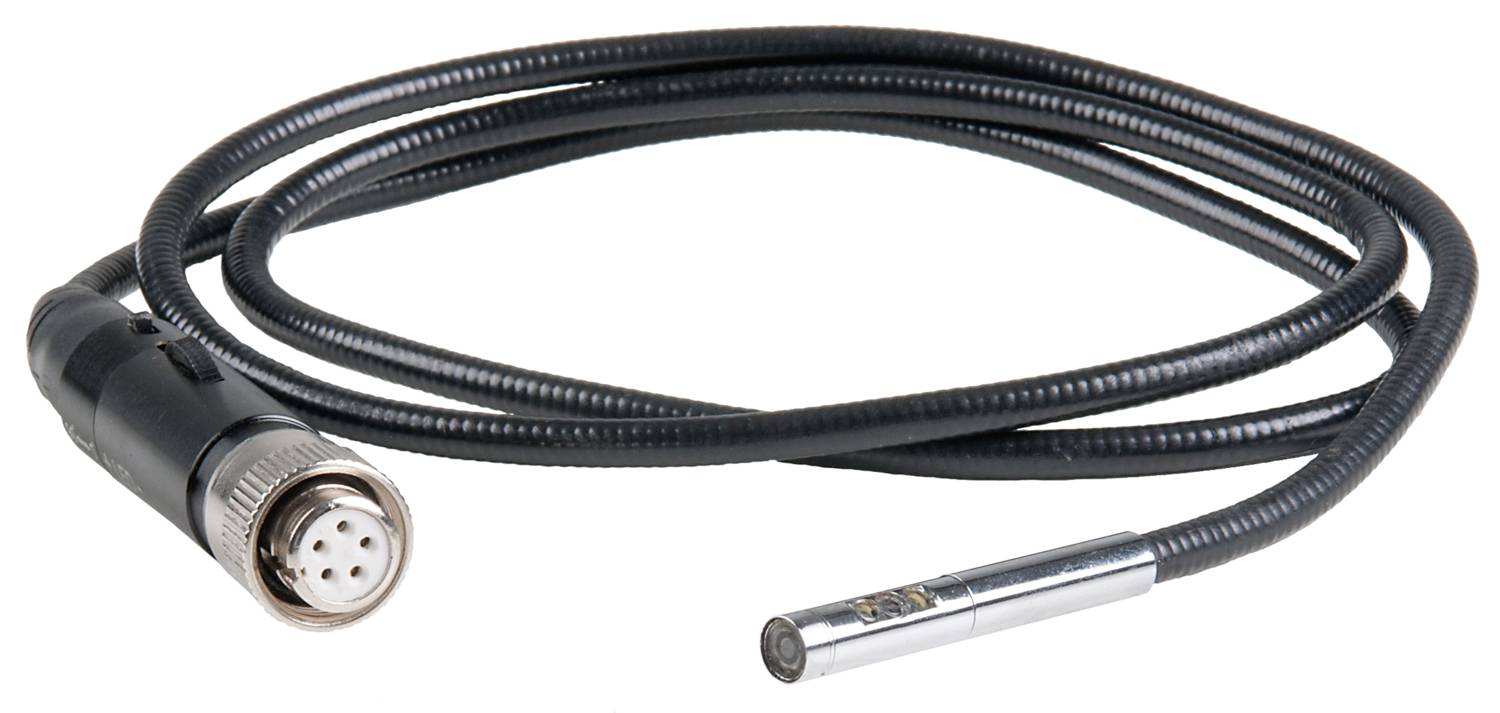 Kabel mit einem mehrpoligen Rundstecker an einem Ende und einem Metallanschluss am anderen.