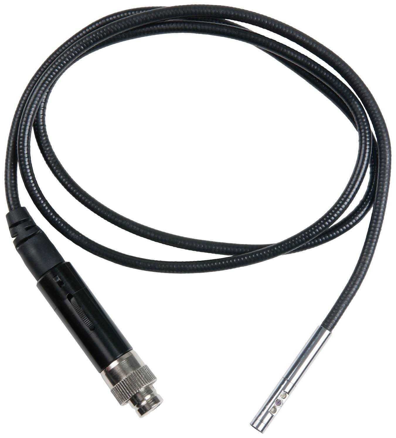 Ein schwarzes, längliches Mikrofonkabel mit Metallanschluss und Mikrofonkapsel, geeignet für Tonaufnahmen und Audioanwendungen.