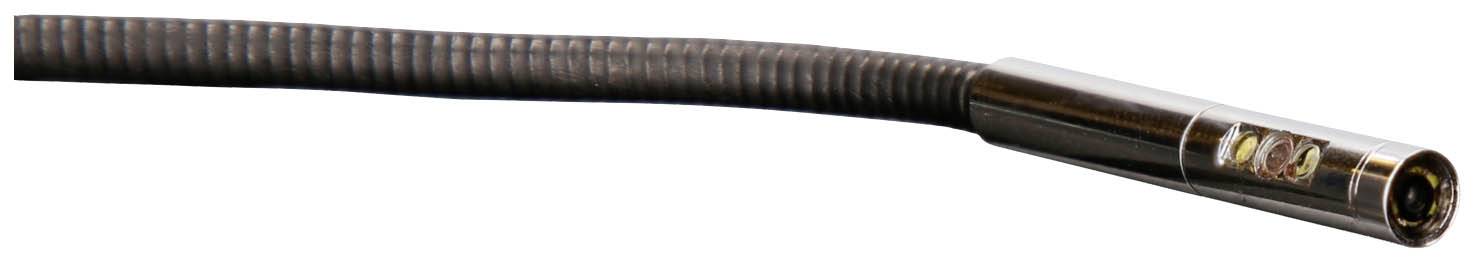 Ein langes, schwarzes Kabel mit einem zylindrischen metallischen Endstück; möglicherweise ein Teil eines technischen Geräts oder Endoskops.