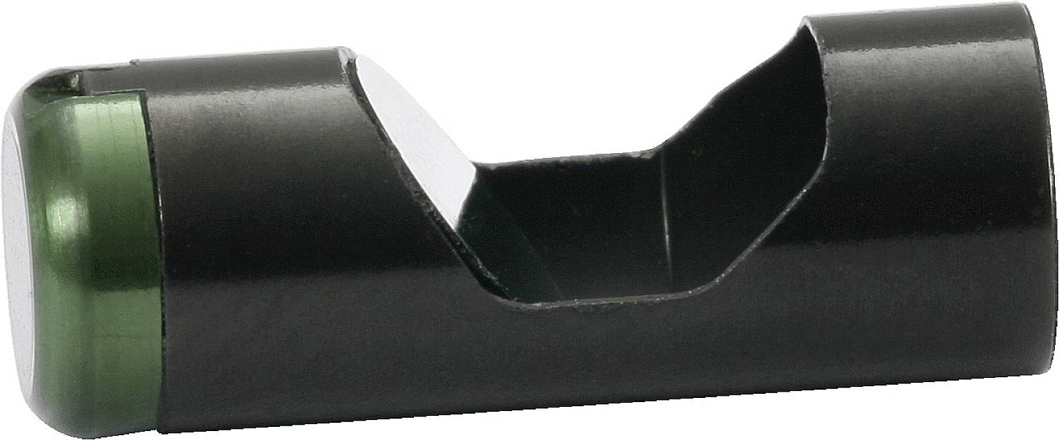 Ein schwarzes zylinderförmiges Metallstück mit einer grünen Kappe an einem Ende, zeigt eine Aussparung in der Mitte.
