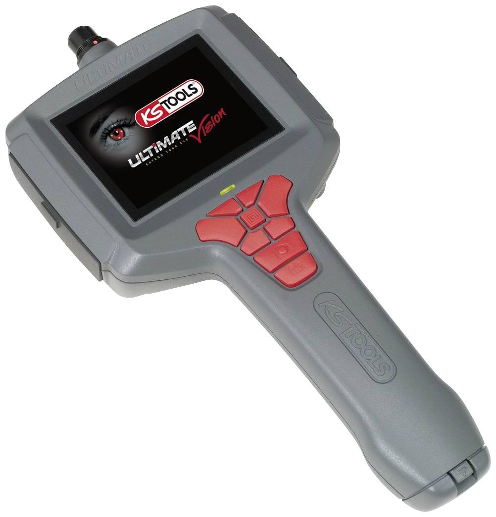 Ein tragbares, graues Inspektionsgerät mit Bildschirm und roten Bedienelementen. Bildschirm zeigt das Logo 'KS Tools Ultimate Vision'.