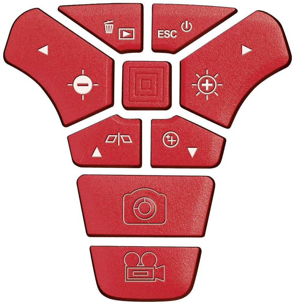 Rotes Bedienfeld mit zwölf Tasten in einzigartiger Form. Symbole zeigen Funktionen wie Foto, Video, ESC und Helligkeitseinstellungen.