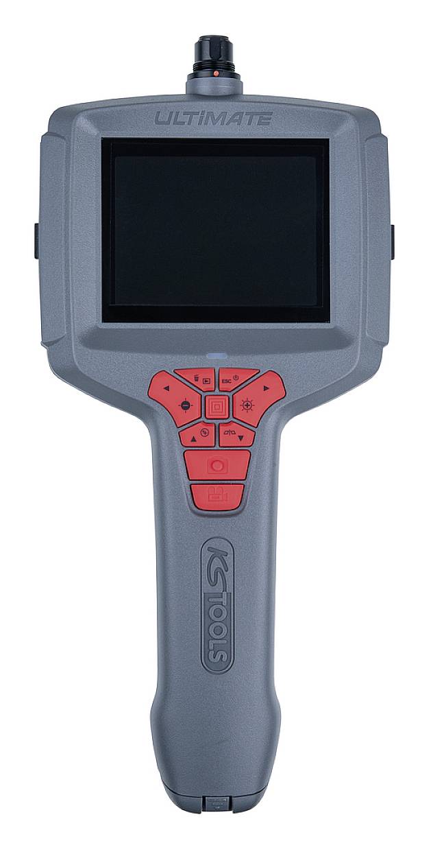 Ein tragbares Diagnosegerät mit großem Display und roten Bedientasten. Verwendet zur Fahrzeugdiagnose und/oder Fehleranalyse.
