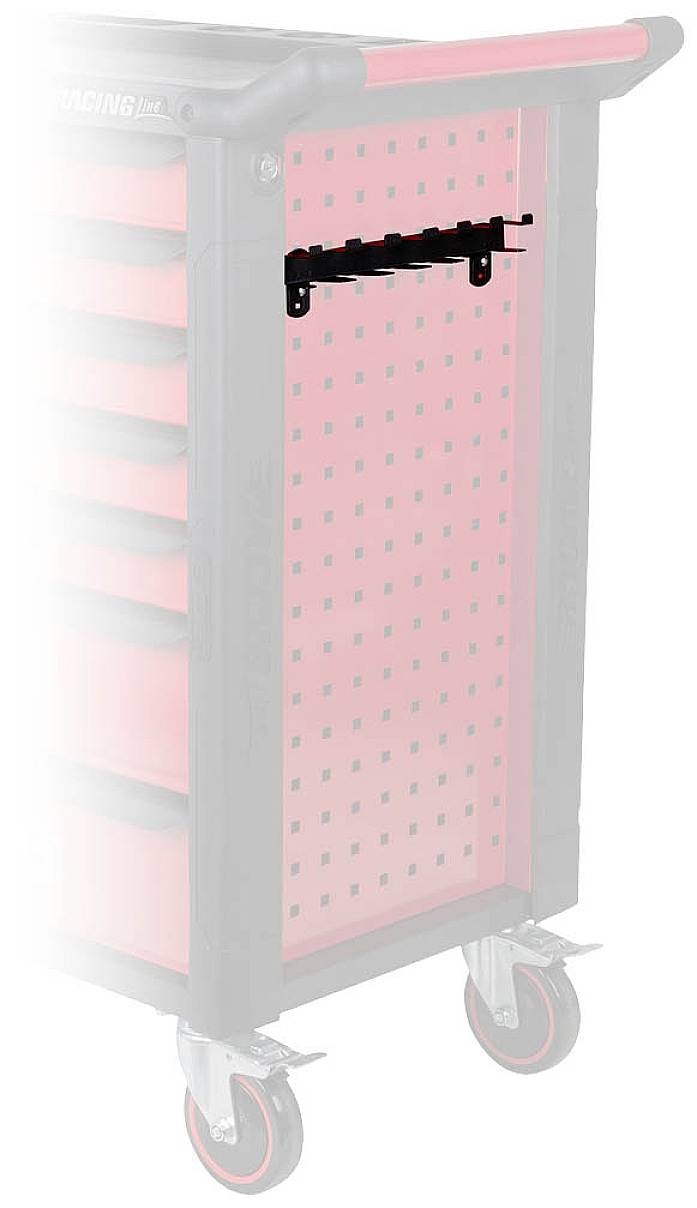 Ein Werkstattwagen mit Rollen und seitlichen Schubladen. An der Seite befindet sich eine Lochwand mit Halterung für Werkzeuge.