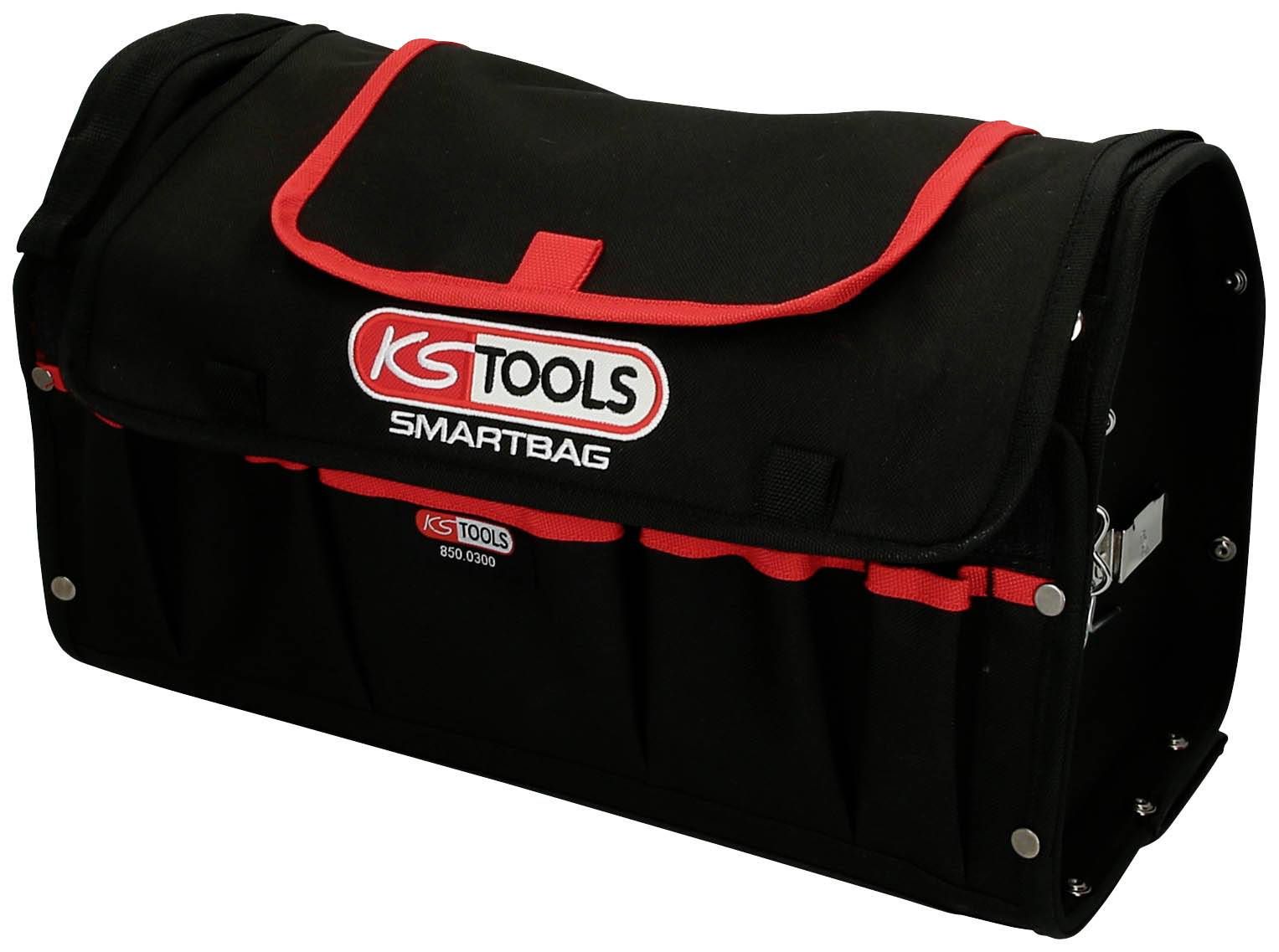 'Schwarze Werkzeugtasche mit rotem Rand, Logo 'KS Tools Smartbag', mehrere Außentaschen, geeignet für die Aufbewahrung von Werkzeugen.'