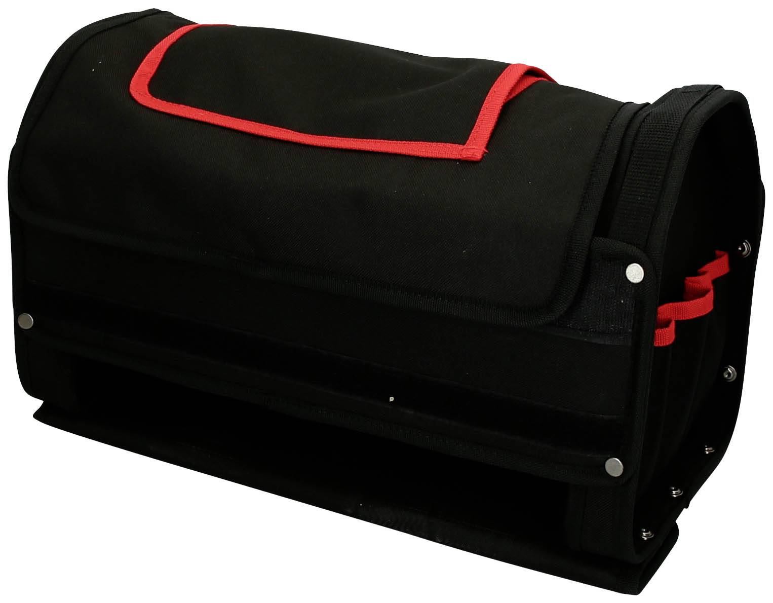 Eine schwarze Tragetasche mit rotem Rand, geeignet zum Transport von Tieren. Sie hat eine runde Öffnung und Seitentaschen.