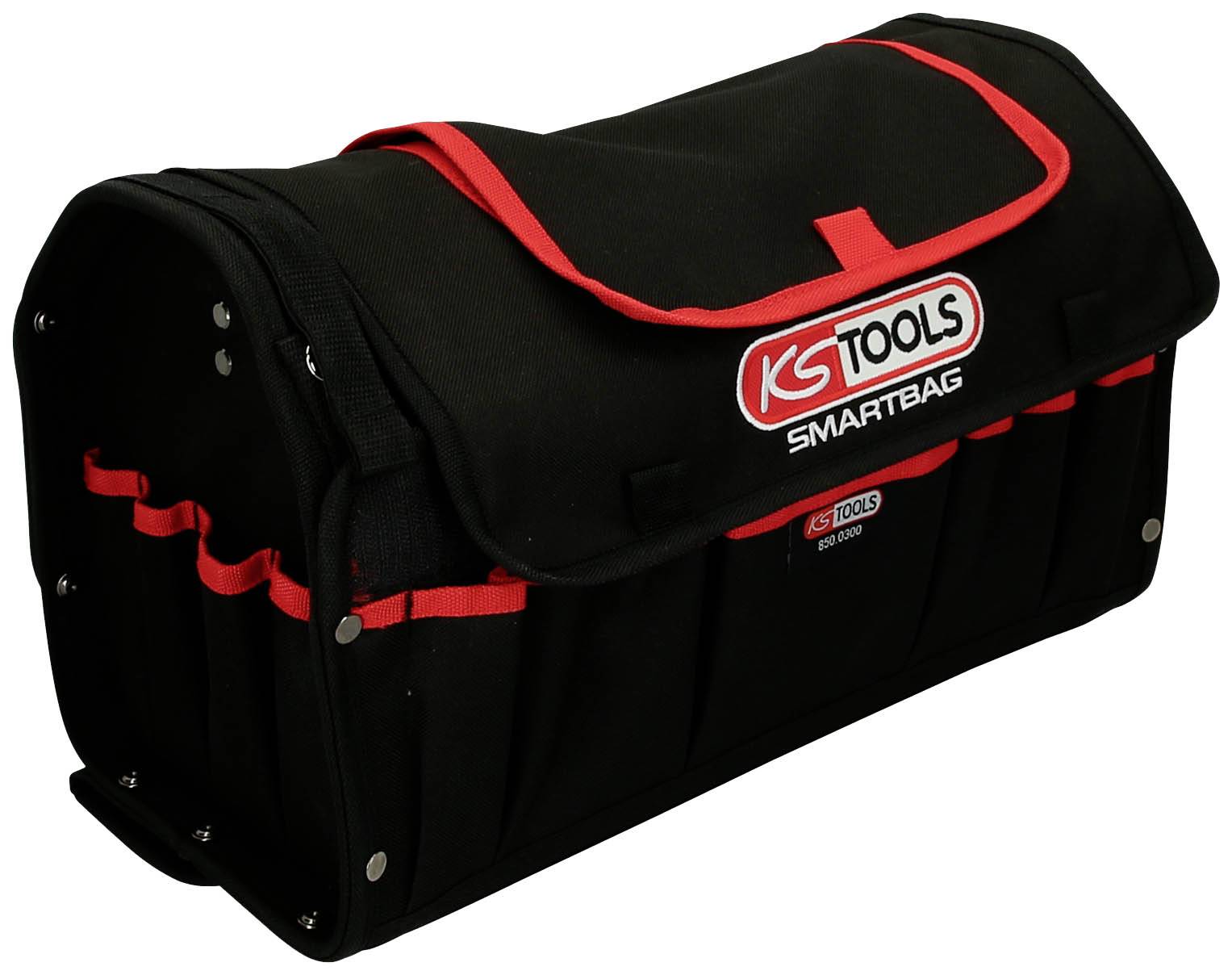 Werkzeugtasche von KS Tools mit roten Akzenten, mehreren Taschen und einem Tragegriff. Geeignet zur Aufbewahrung und Transport von Werkzeugen.