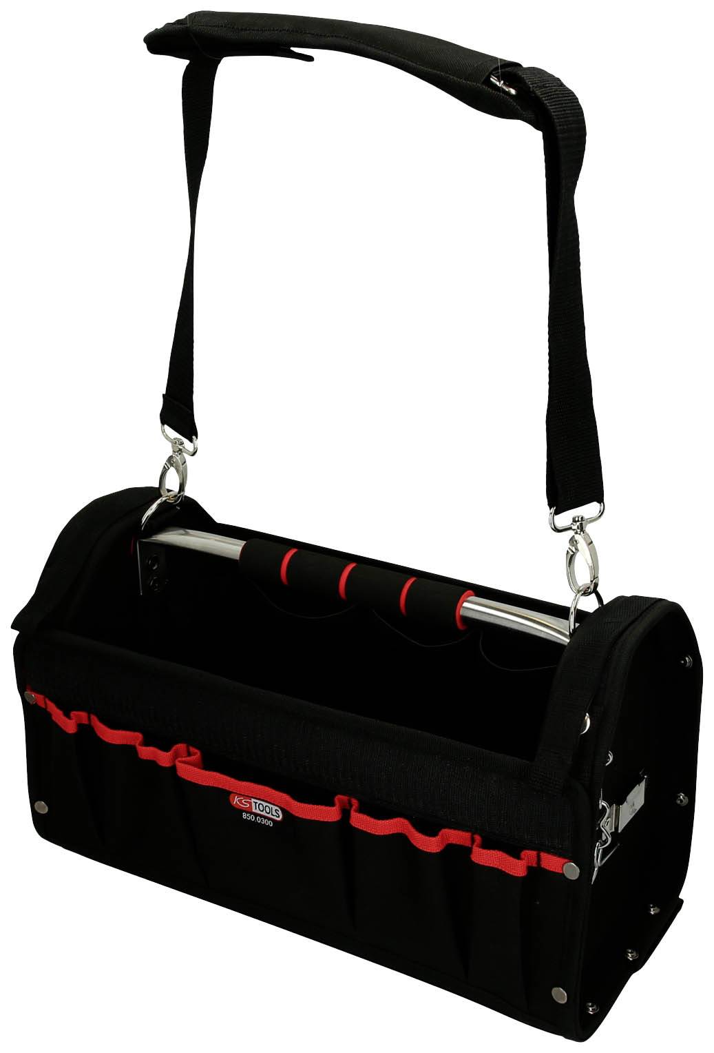 Schwarze Werkzeugtasche aus Stoff mit dickem Tragegriff und Schulterriemen. Mehrere Außentaschen und Innenteiler für Werkzeuge.