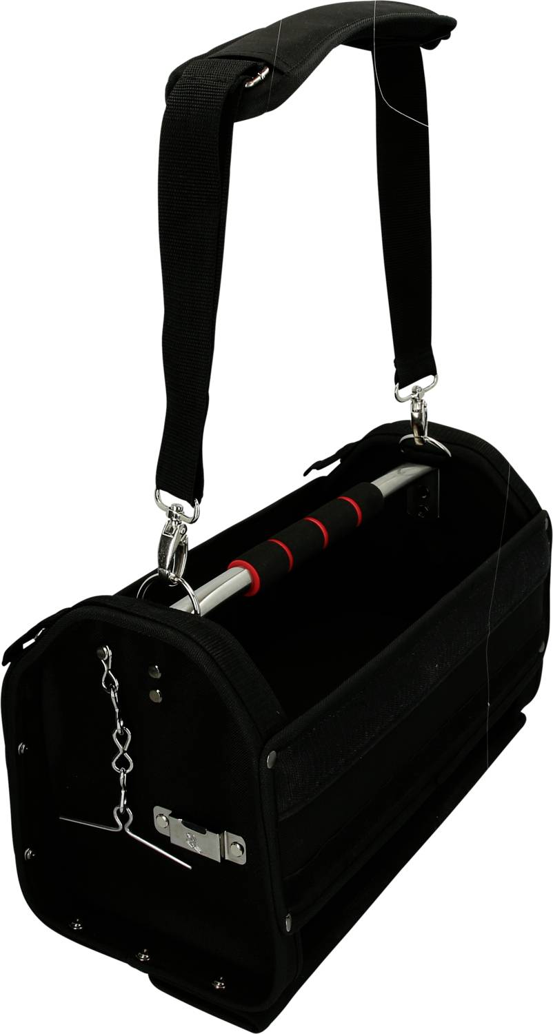 Eine schwarze Werkzeugtasche mit einem gepolsterten Tragegriff und Metallschnallen. Sie ist offen und zeigt einen leeren Innenraum.
