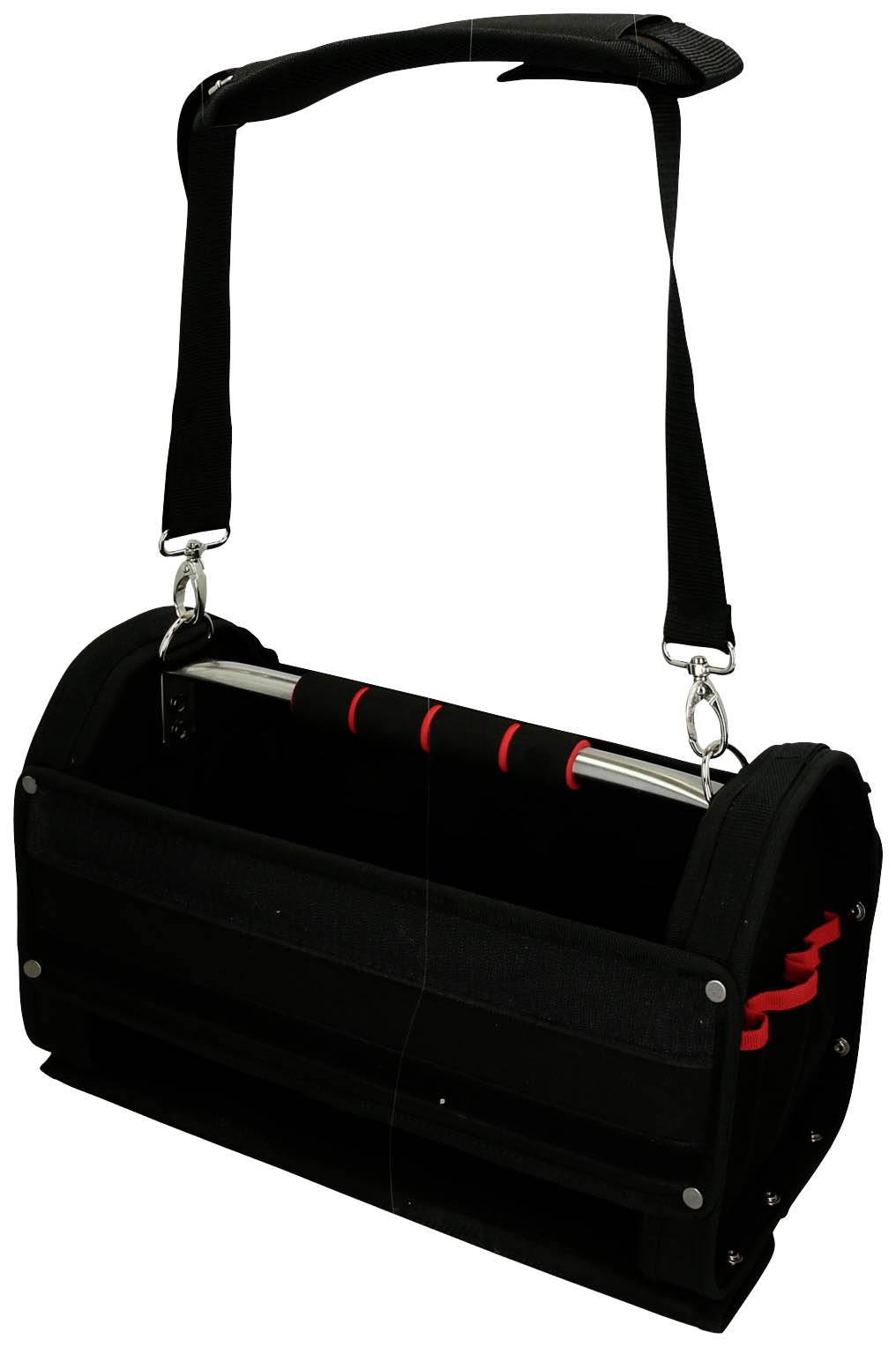 Schwarze Werkzeugtasche mit Tragegurt und Metallgriff. Seitenklappen mit roten Akzenten, offen für einfachen Zugriff auf Werkzeuge.