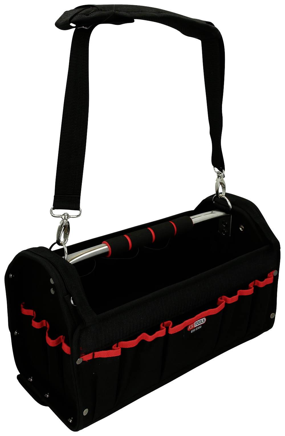 Schwarze Werkzeugtasche mit rotem Saum und verstellbarem Schultergurt, mehrere Außentaschen zur Aufbewahrung von Werkzeugen.