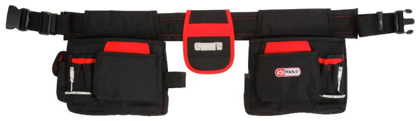 Schwarzer Werkzeuggürtel mit roten Akzenten, zwei großen Taschen und diversen Fächern, geeignet für Handwerker zur Aufbewahrung von Werkzeugen.