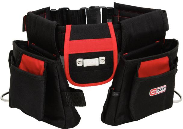 Ein schwarzer Werkzeuggürtel mit roten Akzenten und mehreren Taschen für Werkzeuge. Ideal für Handwerker zur Aufbewahrung von Arbeitsutensilien.