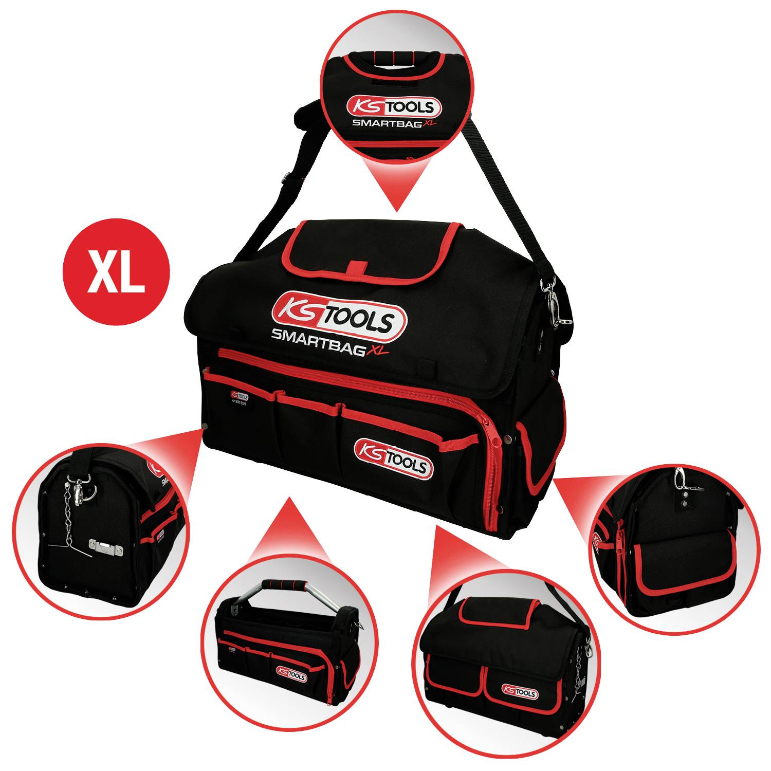 'KS Tools Smartbag XL' Werkzeugtasche in Schwarz mit roten Akzenten. Großes Hauptfach, mehrere Außentaschen und verstärkter Boden. Tragegurt inklusive.