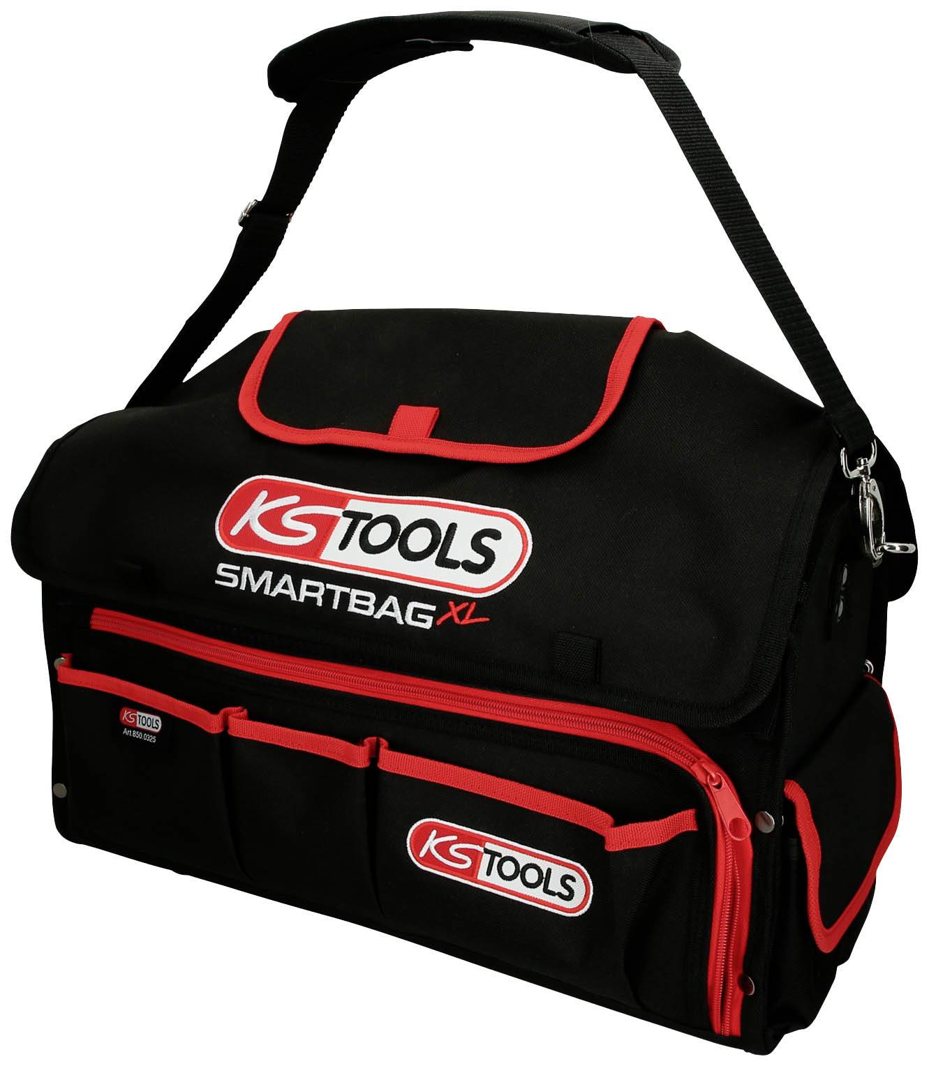 Eine schwarze Werkzeugtasche mit roten Akzenten und der Aufschrift 'KS Tools Smartbag XL'. Sie hat mehrere Fächer und einen Tragegurt.