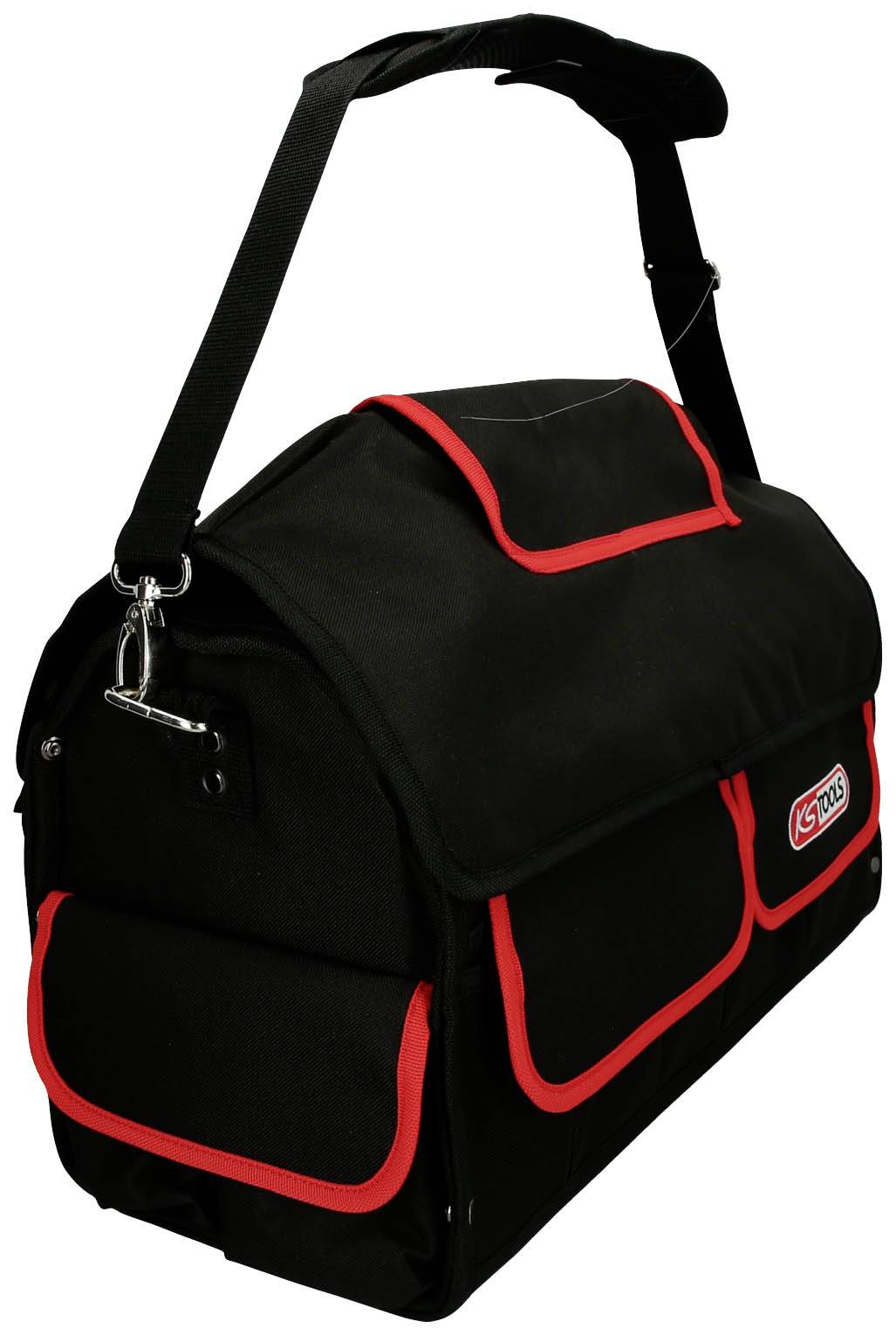 Schwarze Werkzeugtasche mit roten Nähten und mehreren Außentaschen. Große Schulterriemen ermöglichen einfaches Tragen.