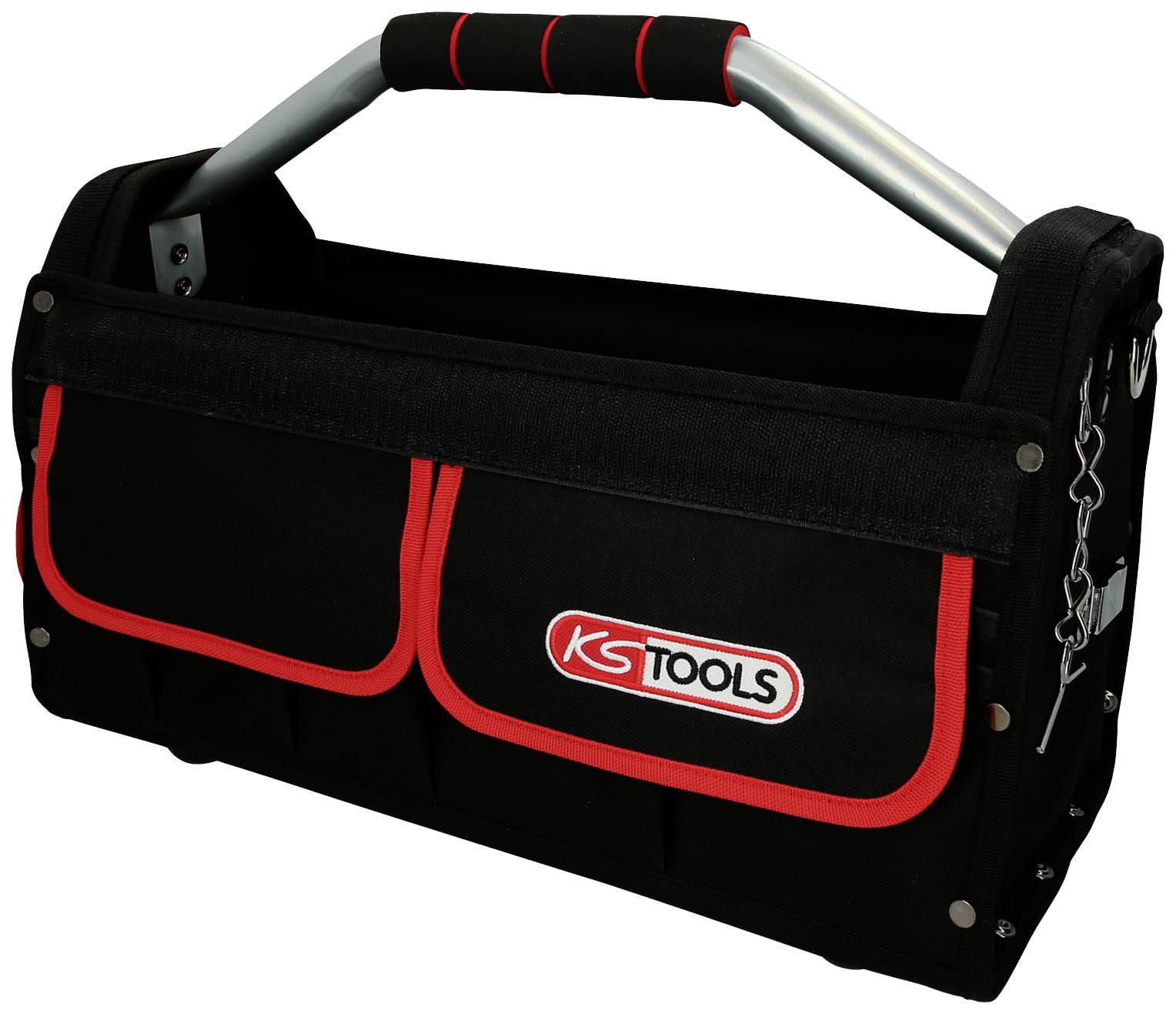 Schwarzer Werkzeugkoffer mit roten Akzenten und 'KS Tools'-Logo, Metallgriff und seitlichen Taschen, steht aufrecht.
