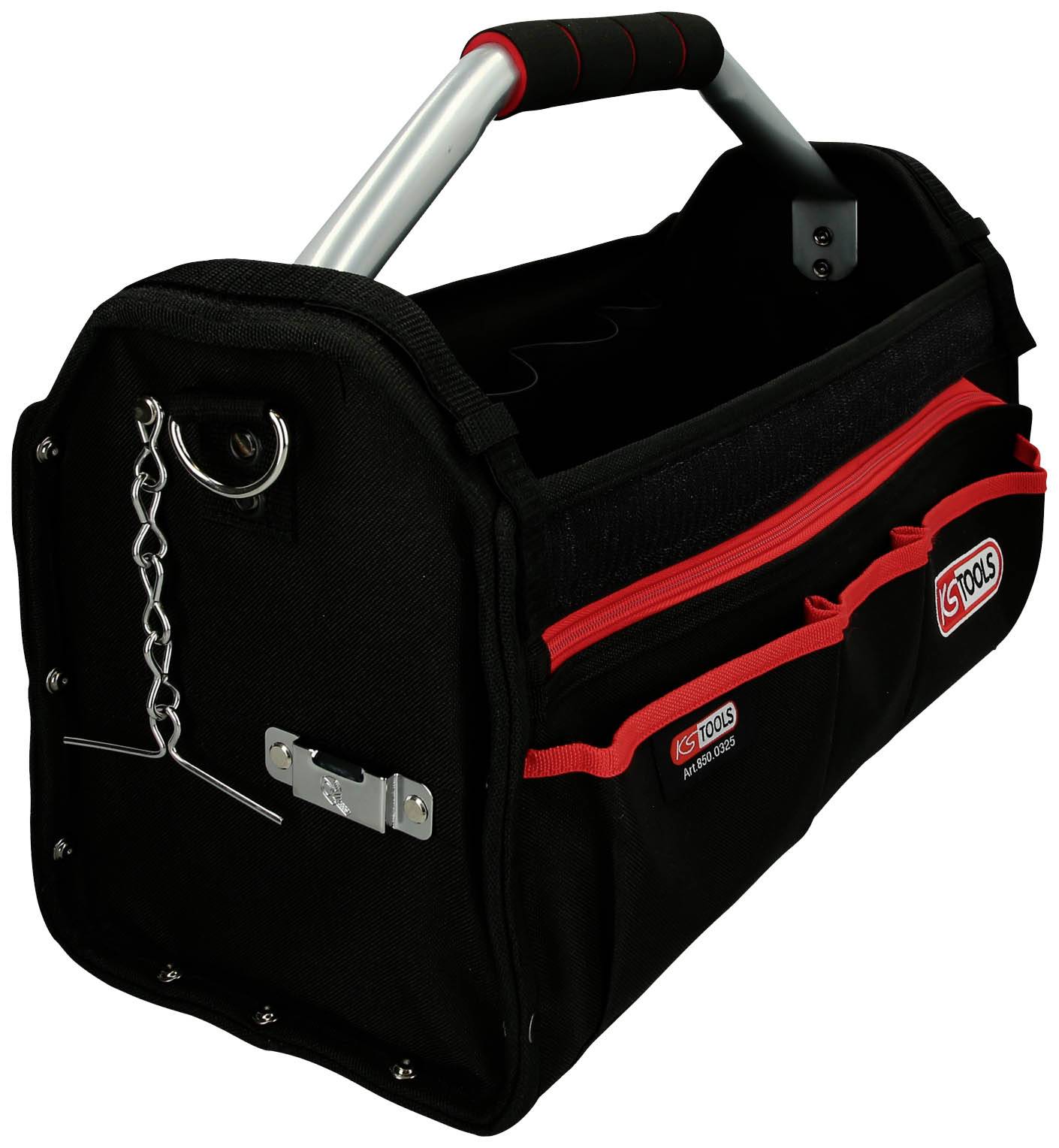 Offene schwarze Werkzeugtasche mit rotem Reißverschluss und rotem Griff an der Seite. Enthält keine sichtbaren Werkzeuge.