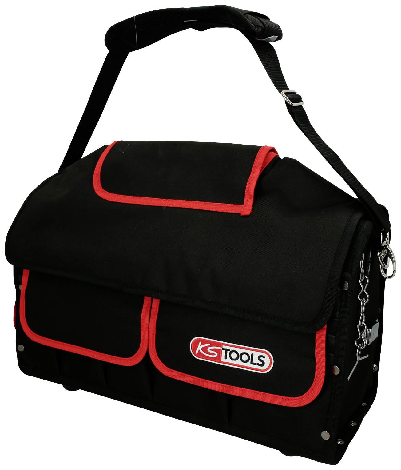 Schwarze Werkzeugtasche mit rotem Rand und dem Logo 'KS TOOLS' auf der Vorderseite. Sie hat einen verstellbaren Schultergurt.