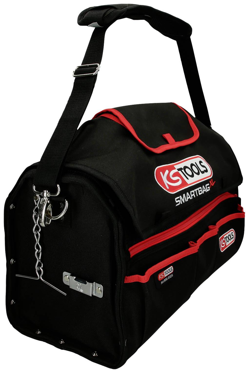 Schwarze Werkzeugtasche mit rotem Detail und Aufdruck 'KS Tools Smartbag'. Verstellbarer Schulterriemen, große Reißverschlusstasche.