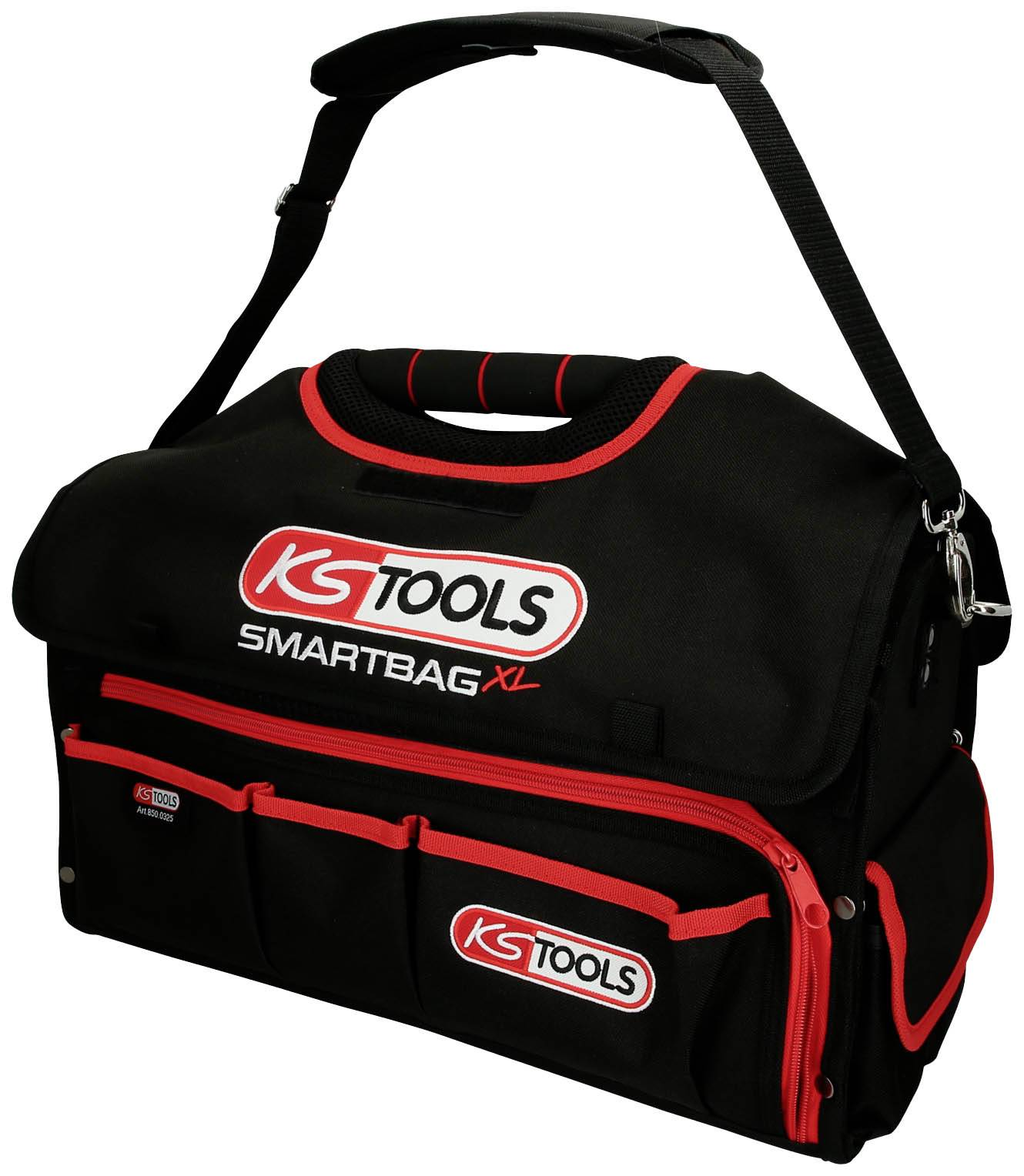 Schwarze Werkzeugtasche mit rotem Rand und mehreren Fächern. Aufdruck 'KS Tools Smartbag XL'. Schultertrageriemen und Griff oben.