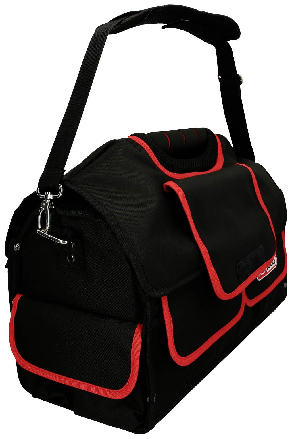 Eine schwarze Umhängetasche mit roten Rändern und mehreren Fächern, geeignet für den Transport von Werkzeugen oder Ausrüstung.