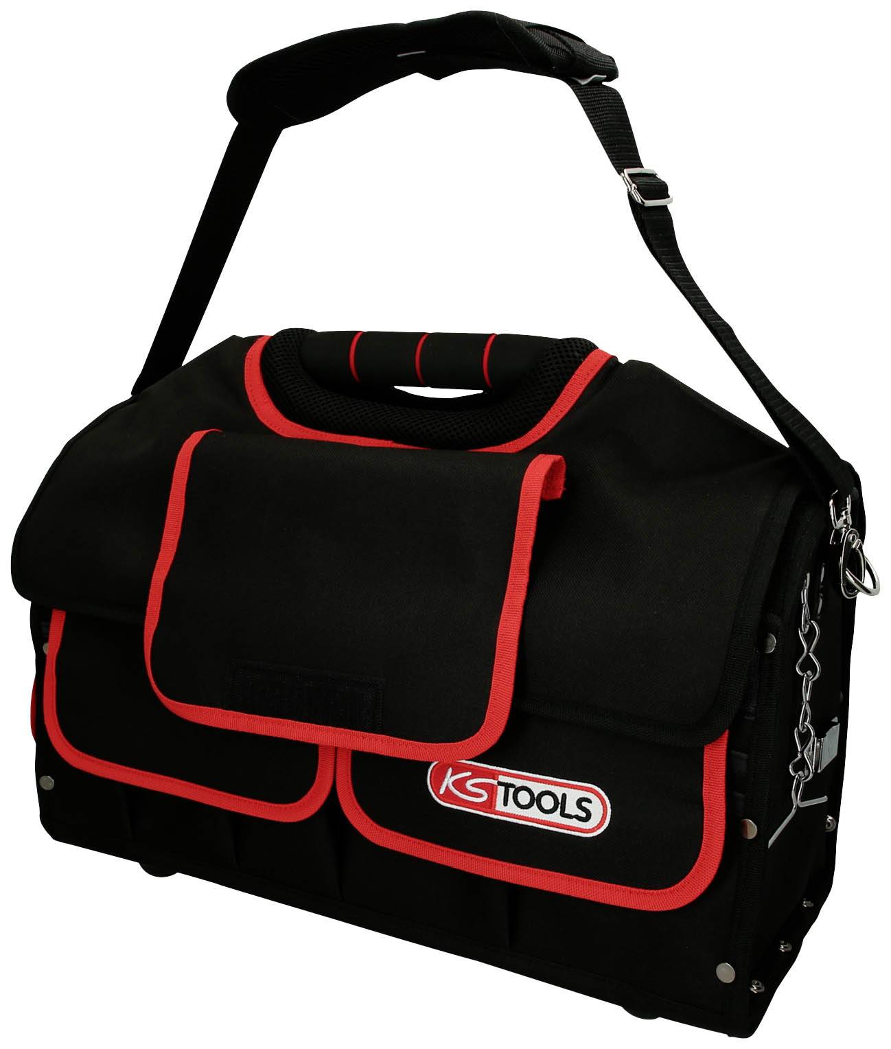 Schwarze Werkzeugtasche mit rotem Rand und dem Logo 'KS TOOLS'. Sie hat eine große Klappe, Tragegriff und verstellbaren Schultergurt.