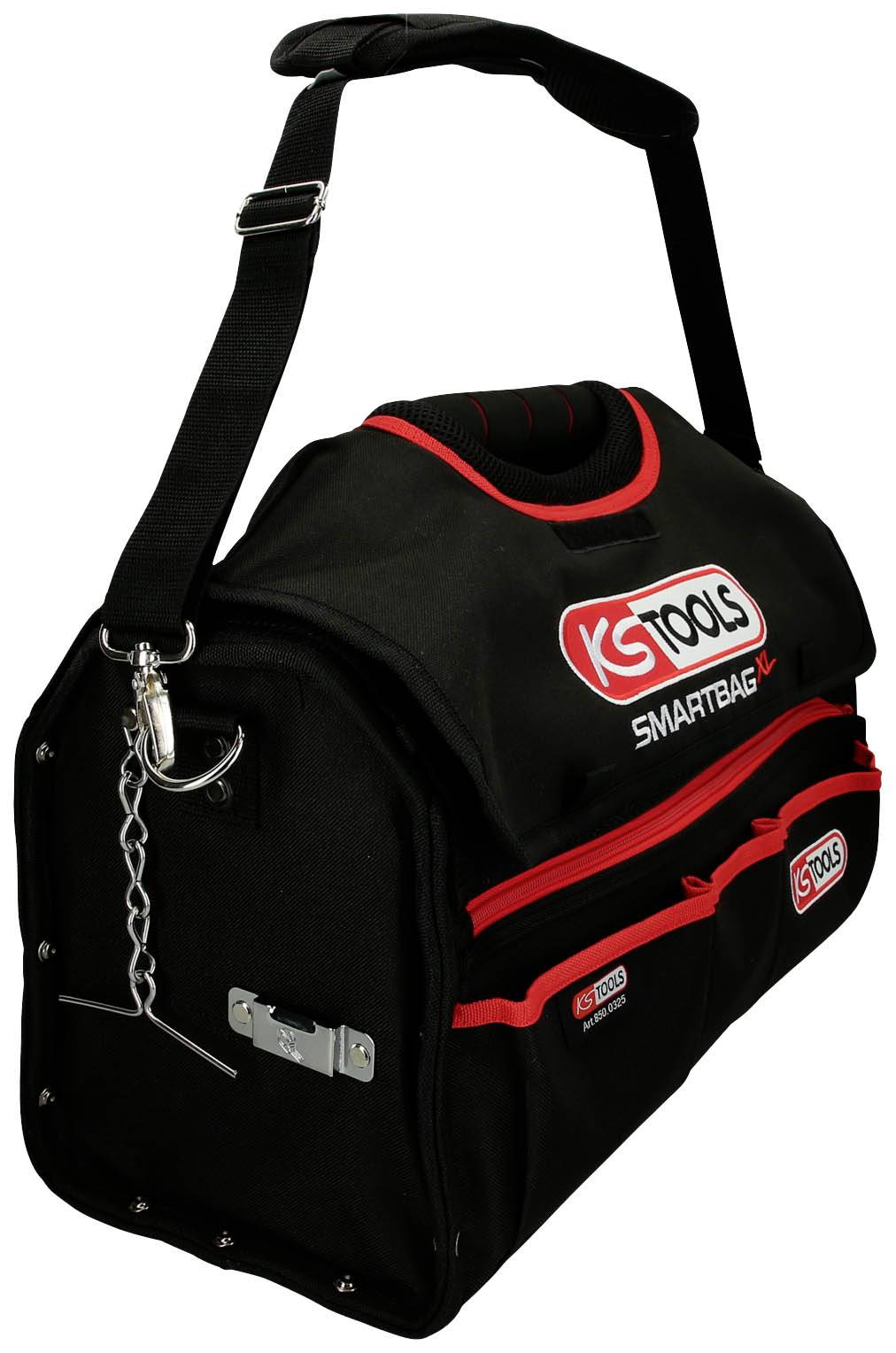 Werkzeugtasche mit schwarzem Stoff, roten Nähten und einem Schulterriemen. Die Tasche hat seitliche Reißverschlüsse und ein Sicherheitskettenschloss.