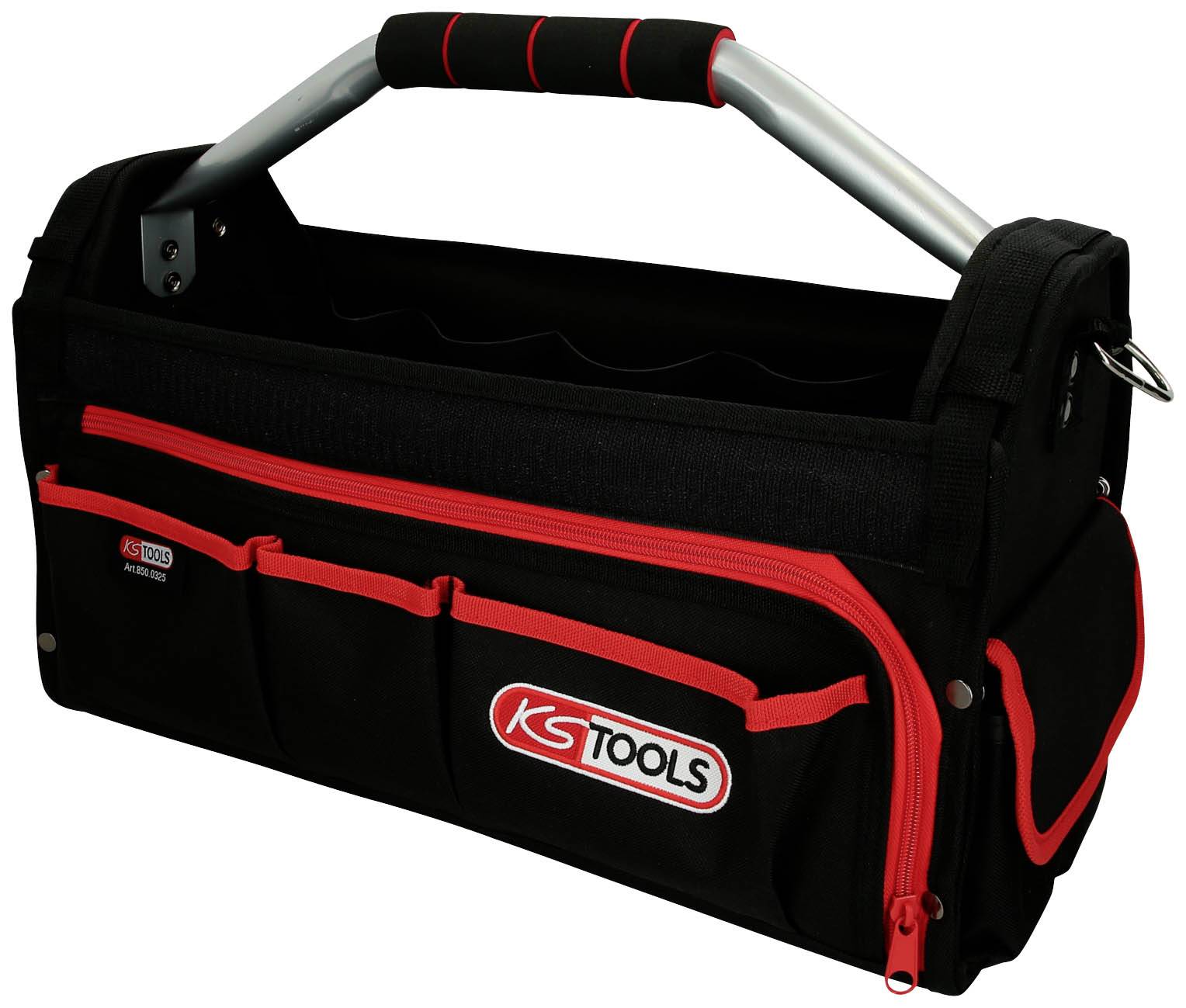 Eine schwarze Werkzeugtasche mit roten Reißverschlüssen und Griff. Auf der Vorderseite ist das Logo 'KS TOOLS' sichtbar.