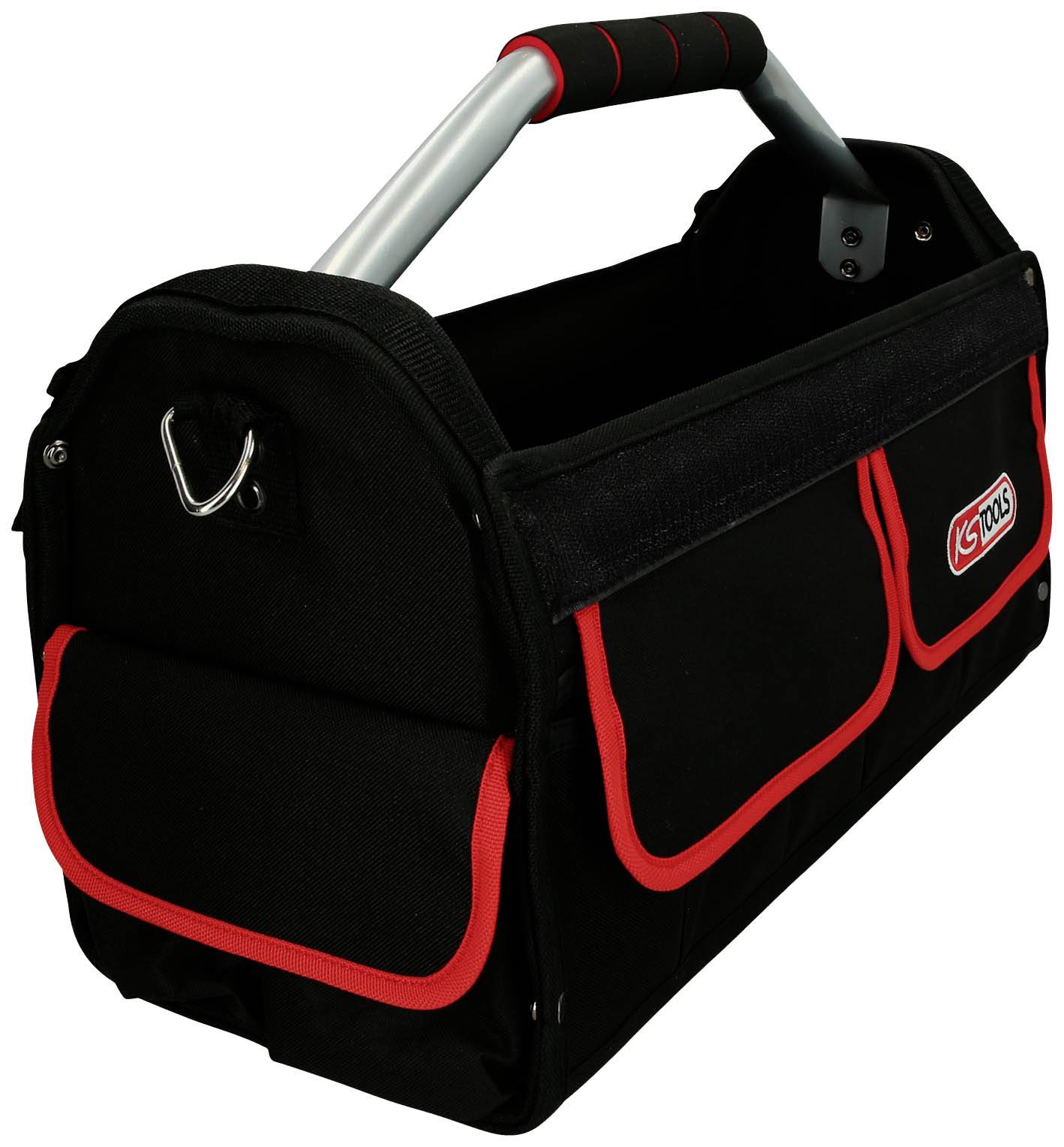 Schwarze Werkzeugtasche mit rotem Rand und silbernem Griff, geeignet für tragbare Werkzeugaufbewahrung.