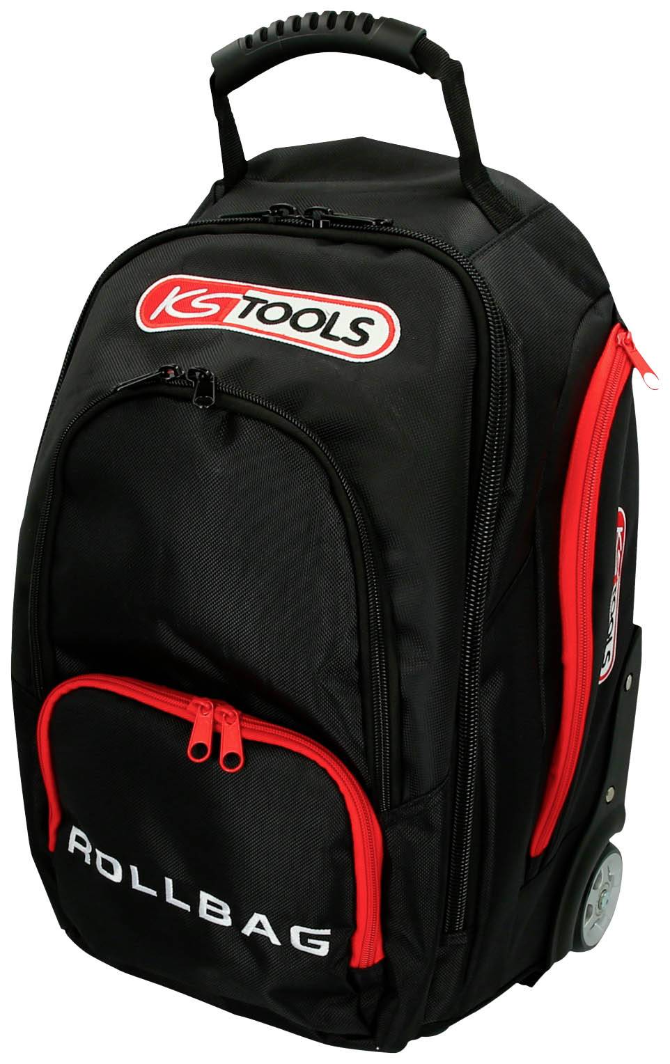 Schwarzer Rucksack mit roten Reißverschlüssen und dem Logo 'KS Tools'. Der Rucksack hat Rollen und einen ausziehbaren Griff.