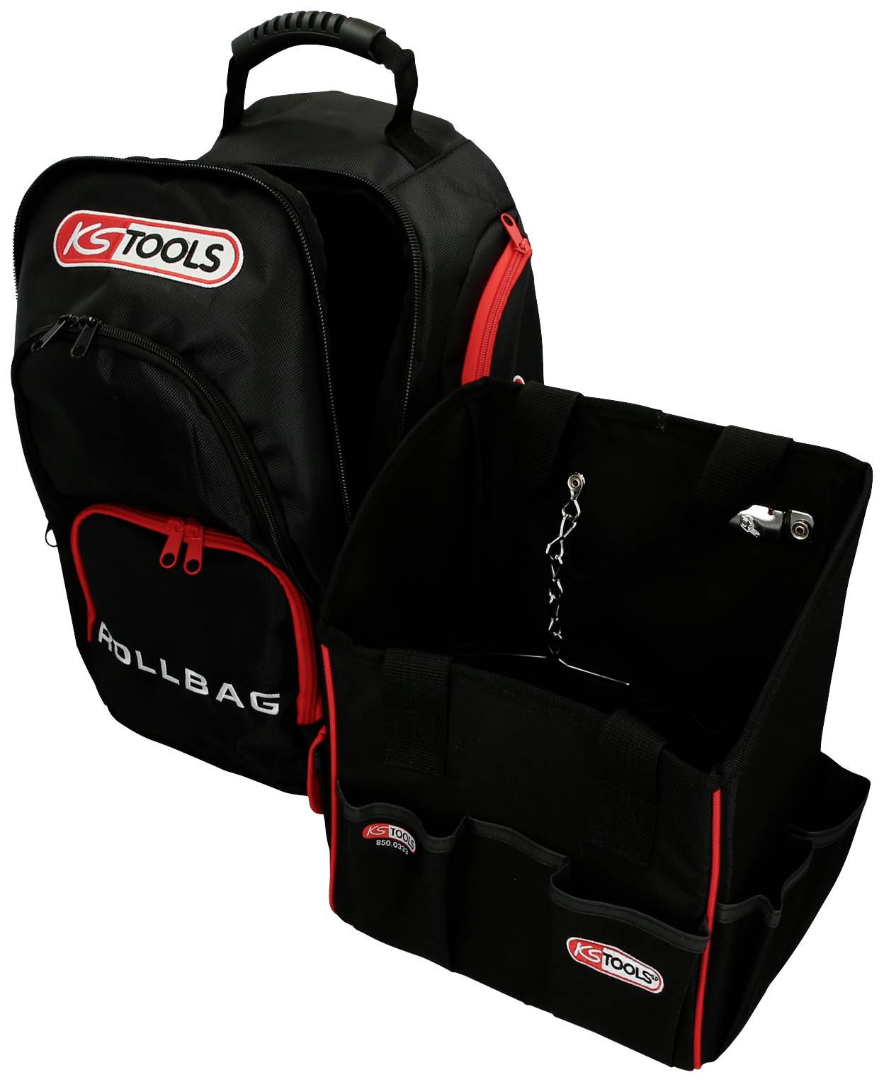 Schwarzer Werkzeugsrucksack mit roten Reißverschlüssen und mehreren Fächern der Marke KS Tools, ideal zum Organisieren von Werkzeugen.