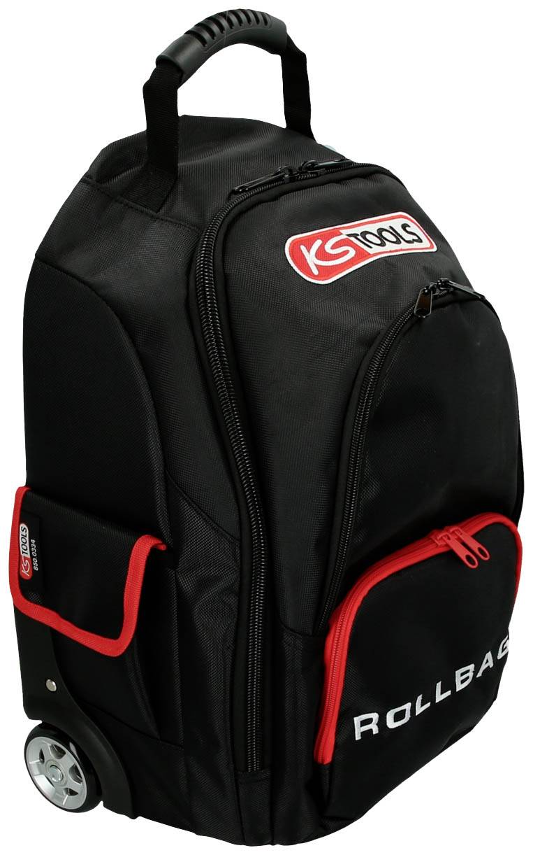 Schwarzer Werkzeug-Rucksack mit rotem Rand, Markenlogo und Schriftzug 'Rollbag'. Er hat Rollen und einen ausziehbaren Griff.