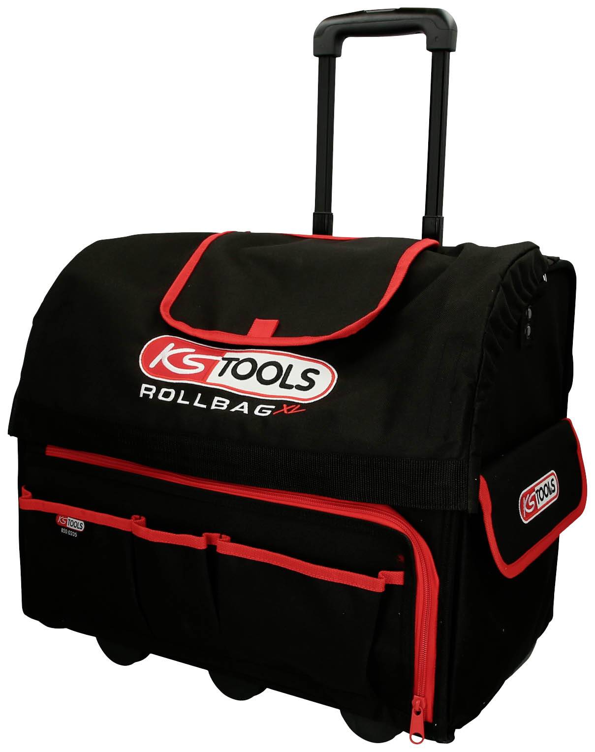 Schwarze Rolltasche mit roten Akzenten und KS Tools Logo. Ausziehbarer Griff und mehrere Reißverschlusstaschen.