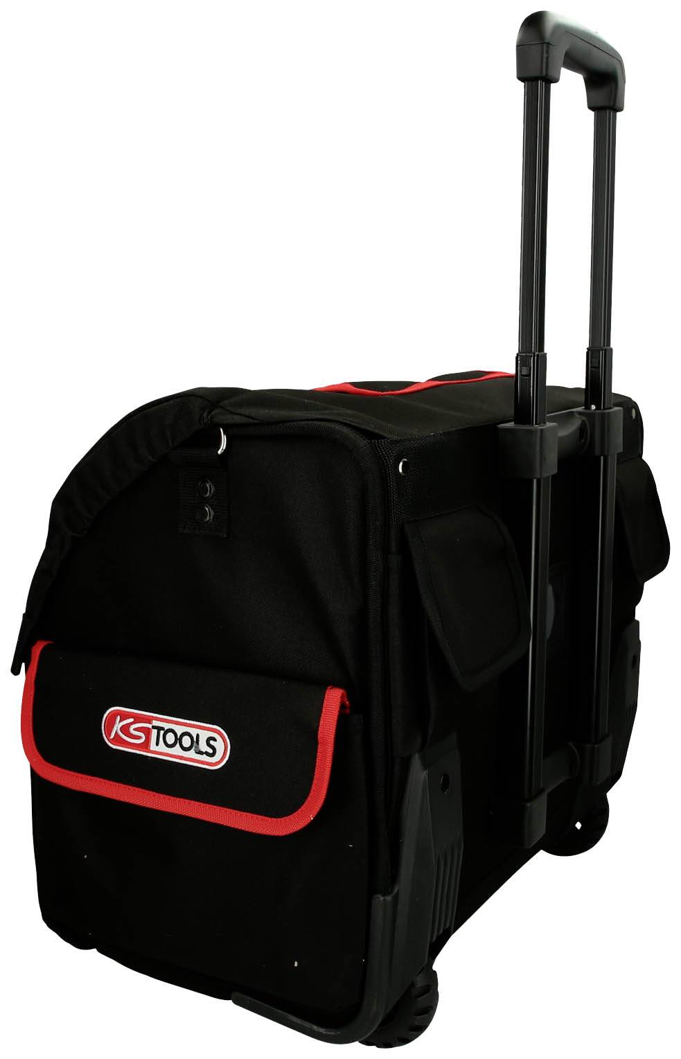 Ein schwarzer Werkzeugtrolley mit roten Akzenten und einem ausziehbaren Griff, das Logo 'KS TOOLS' auf der Vorderseite.