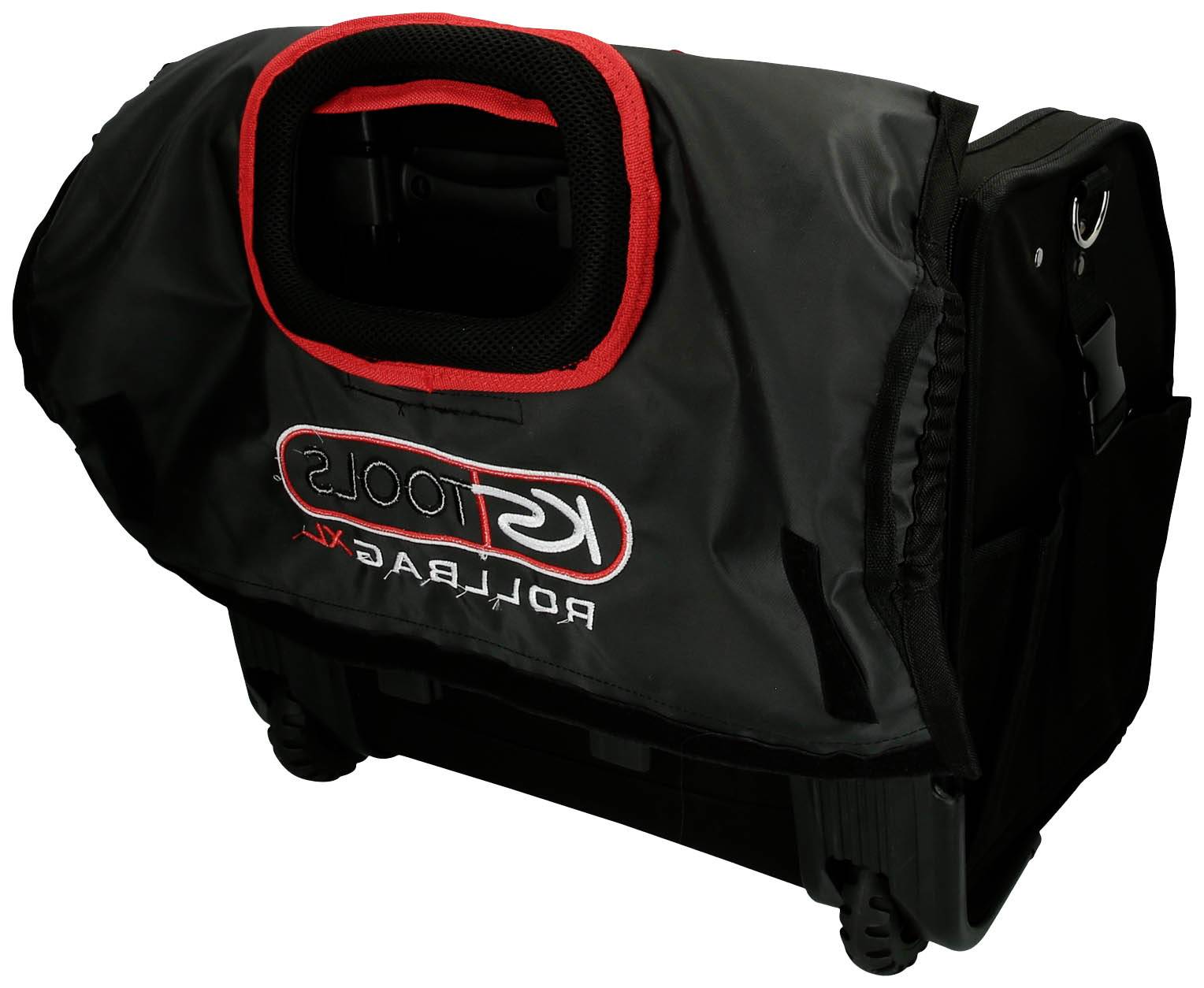 Schwarze Werkzeugtasche mit roten Akzenten, Aufschrift 'KS Tools Rollbag XL', zwei robuste Räder, Tragegriff oben.