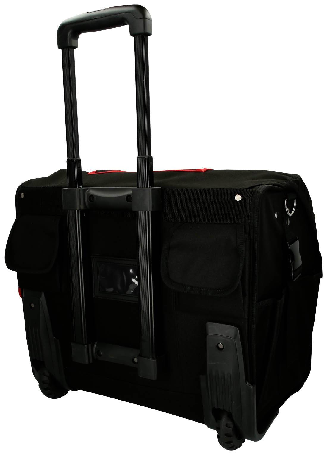 Schwarzer Rollkoffer mit ausziehbarem Griff und Taschen an den Seiten, auf zwei Rollen stehend. Ideal für Reisen oder Transport.