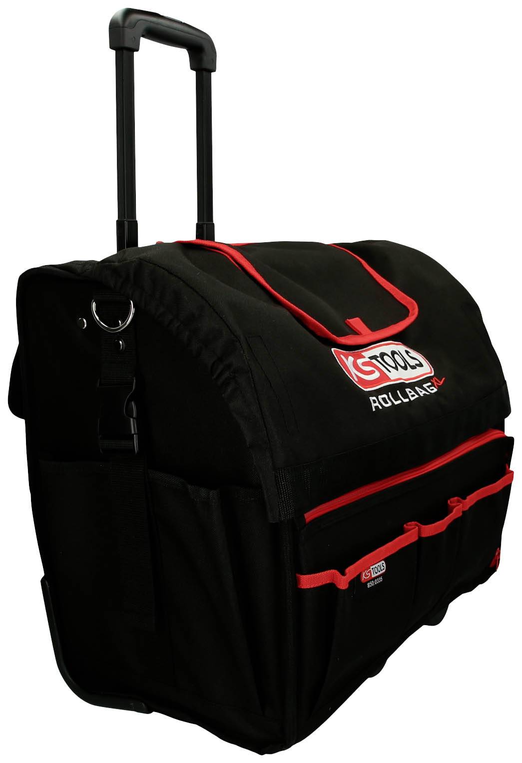 Eine schwarze Rolltasche mit Griff und roten Akzenten. Vorderseite mit mehreren Taschen, oben das Logo 'GTOOL'.