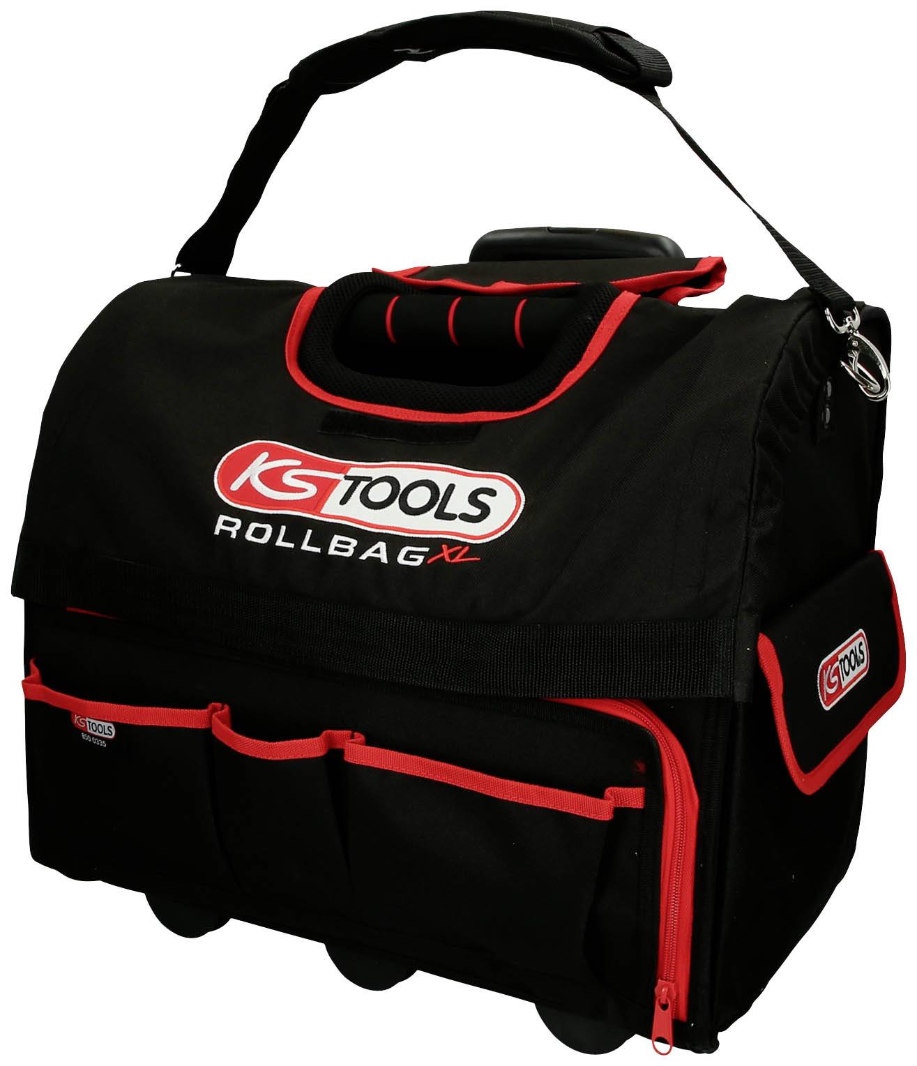 'KS Tools Rollbag XL', eine schwarze Werkzeugtasche mit rotem Rand und mehreren Taschen, ideal zum Transport von Werkzeugen.