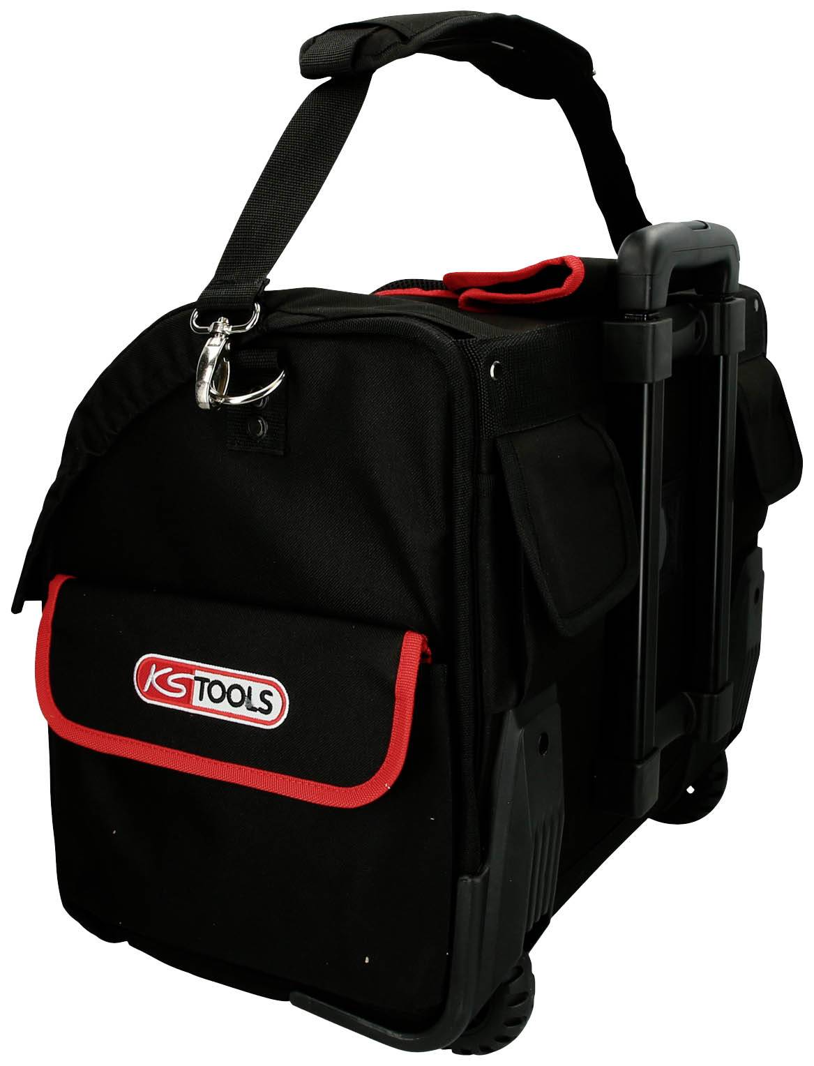 Eine schwarze Werkzeugtasche mit Rollen und ausziehbarem Griff. Vorne ein rotes Fach mit 'KS Tools' Logo. Ideal für mobilen Einsatz.