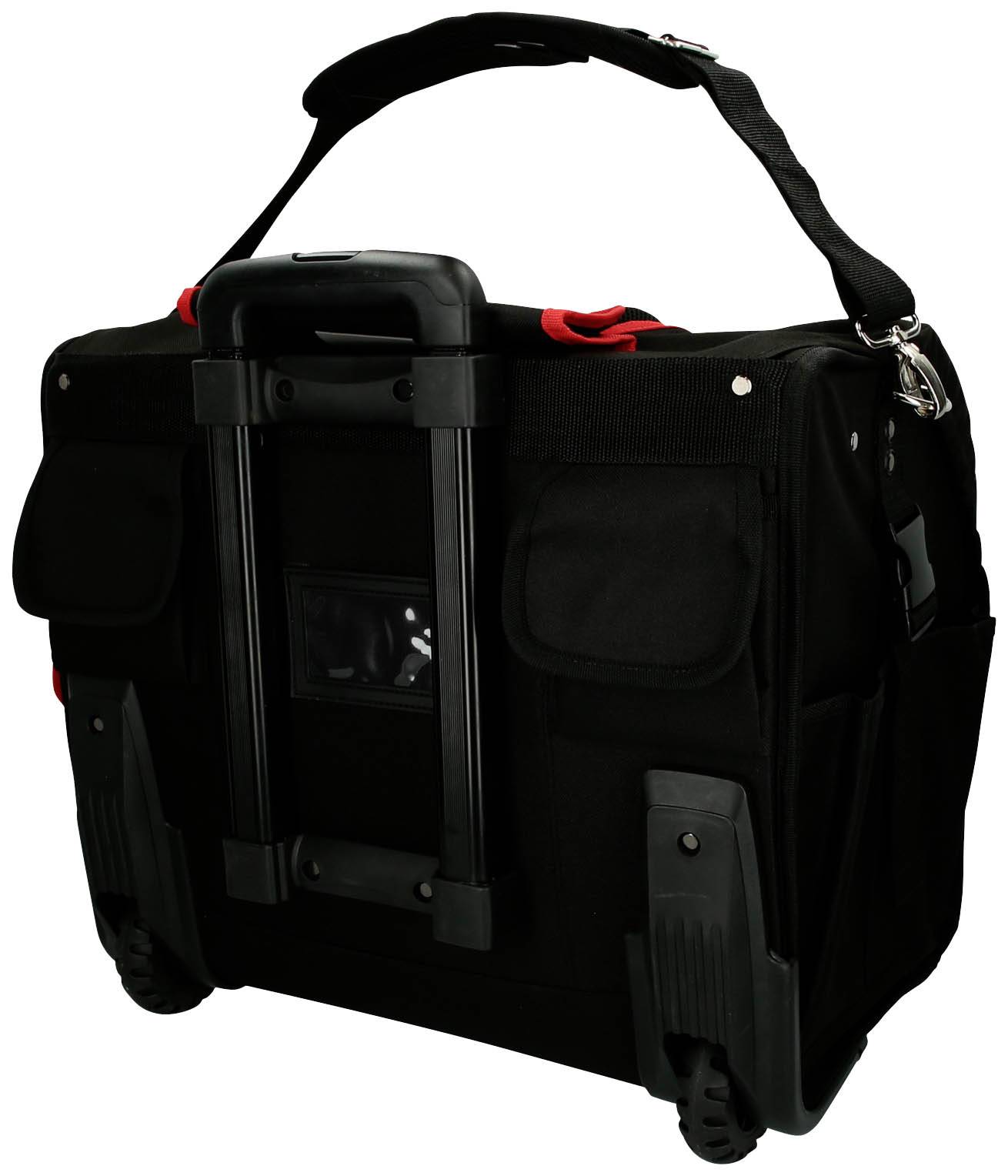 Schwarze, rollbare Werkzeugtasche mit Teleskopgriff und mehreren Taschen. Geeignet für den Transport von Werkzeugen und Ausrüstung.