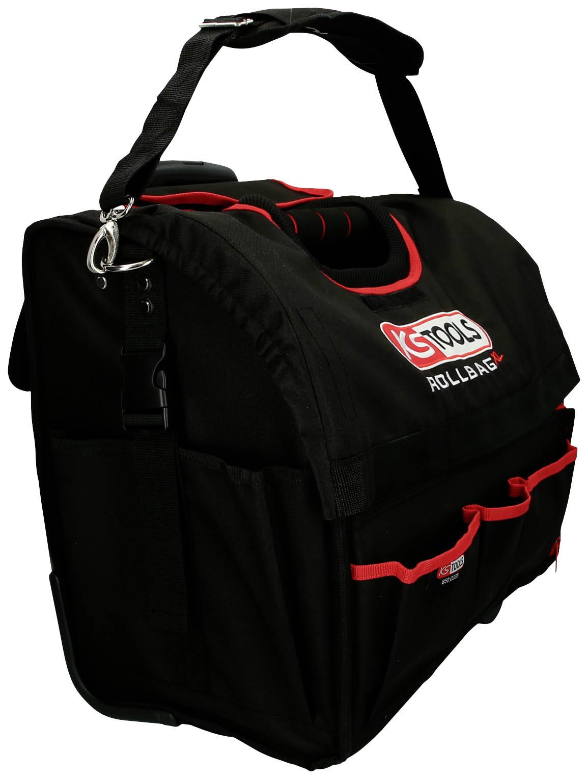 Eine schwarze Werkzeugtasche mit rotem Rand und mehreren Aufbewahrungsfächern. Sie hat einen Griff und ist mit 'Veto Pro PAC' gekennzeichnet.