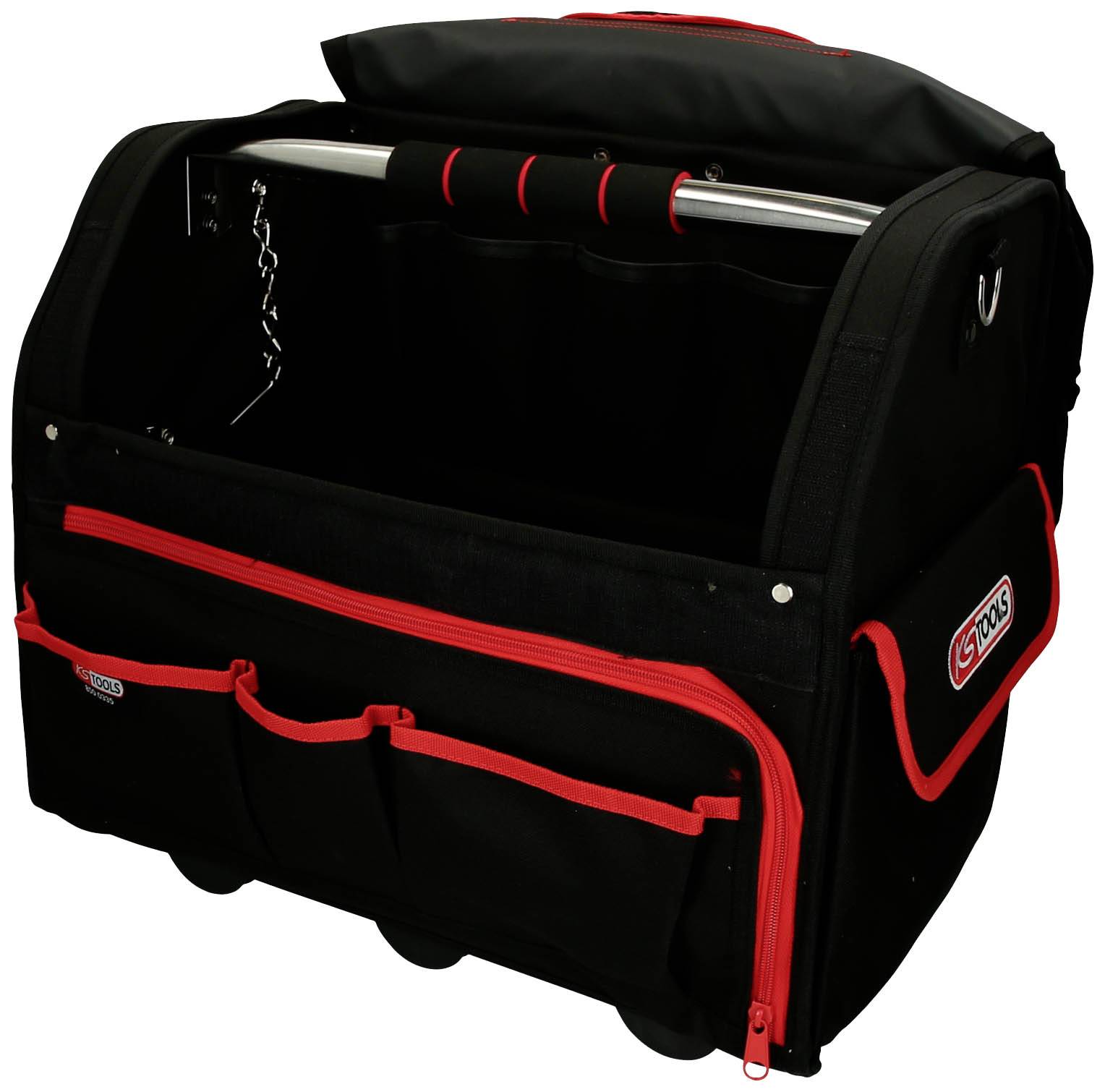 Schwarze Werkzeugtasche mit roten Nähten und mehreren Außentaschen. Geöffnet, zeigt das Innere mit Trennwänden und Metallgriff.