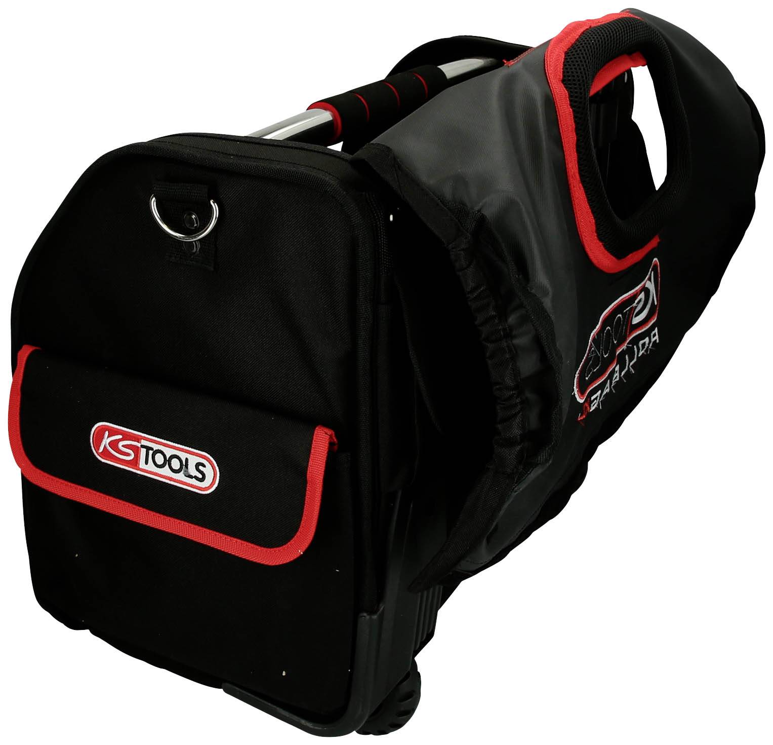 Schwarze Werkzeugtasche mit Griff und roten Akzenten, Logo 'KS TOOLS' auf Vorderseite, geeignet für den Transport von Werkzeugen.