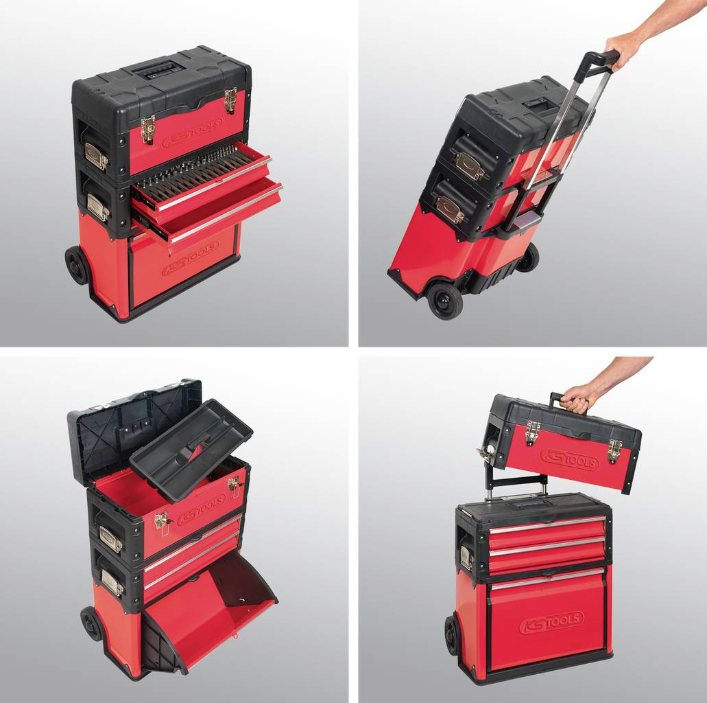 Vielseitiger Rollwerkzeugkasten mit ausziehbarem Griff und mehreren Fächern, ideal zur Aufbewahrung und einfachen Transport von Werkzeugen.