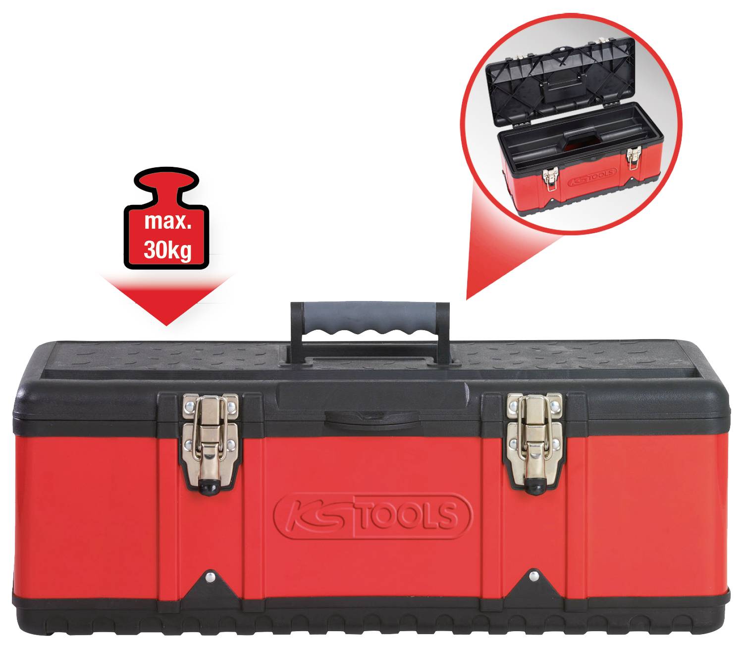 Rote und schwarze Werkzeugkiste mit Griff, Metallverschlüssen und Logo 'AS TOOLS'. Belastbar bis 30kg. Geöffnet im Ausschnitt.