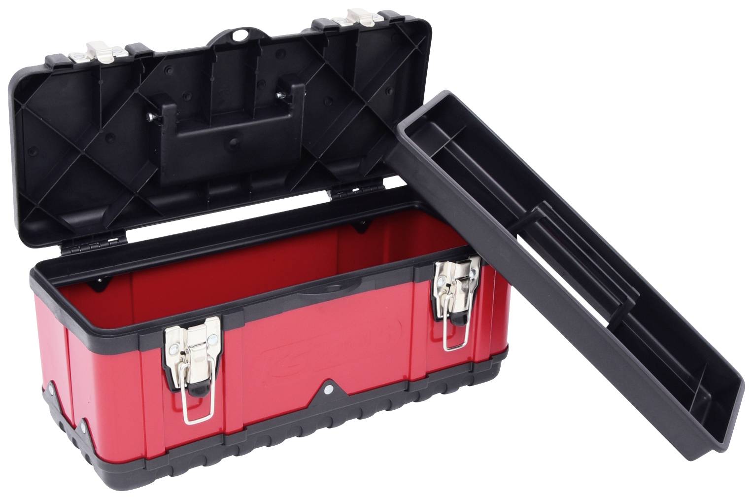 Roter Werkzeugkasten mit offenem Deckel und entnommener schwarzer Ablage. Zwei silberne Verschlüsse vorne.