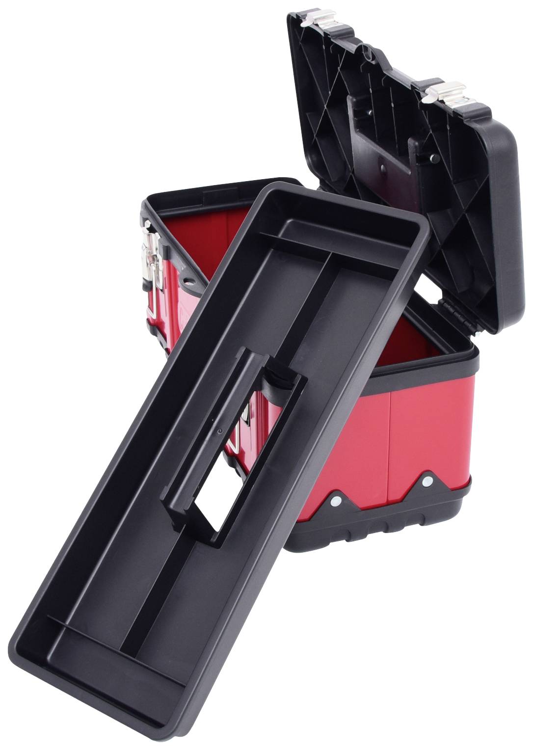 Roter Werkzeugkasten aus Metall und Plastik, geöffnet, mit herausnehmbarer schwarzer Ablageschale.