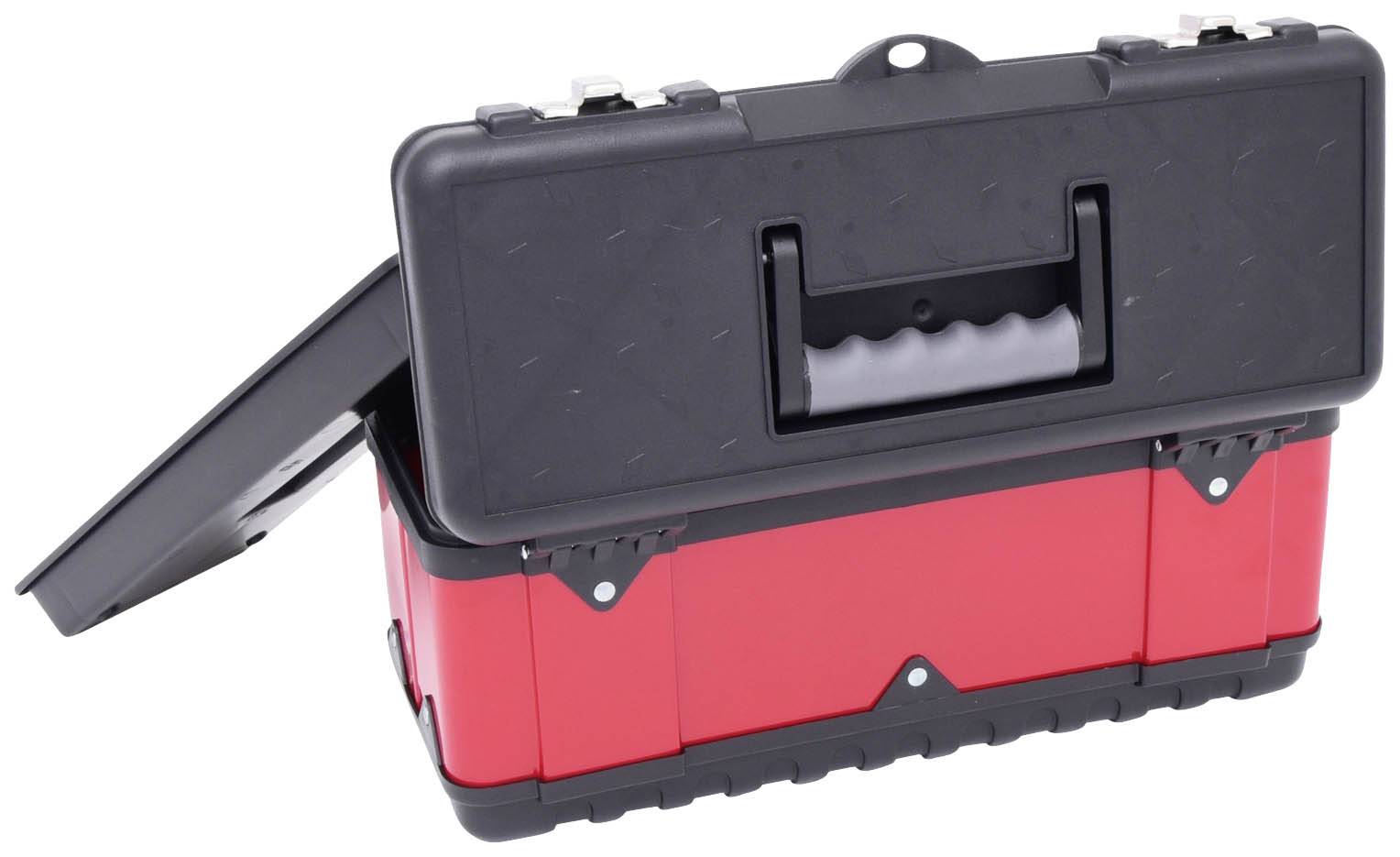 Geöffneter roter Werkzeugkasten mit schwarzem Deckel und Tragegriff, zeigt Innenfach für Werkzeuge.