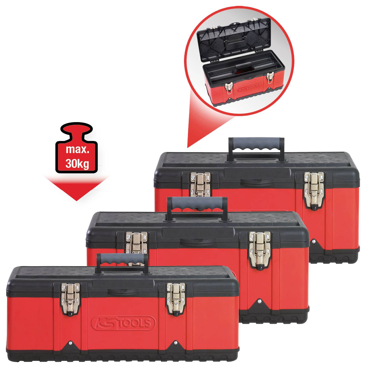 Drei rot-schwarze Werkzeugkästen, jeweils mit Metallverschlüssen und einem Tragegriff, geeignet für bis zu 30 kg Last.